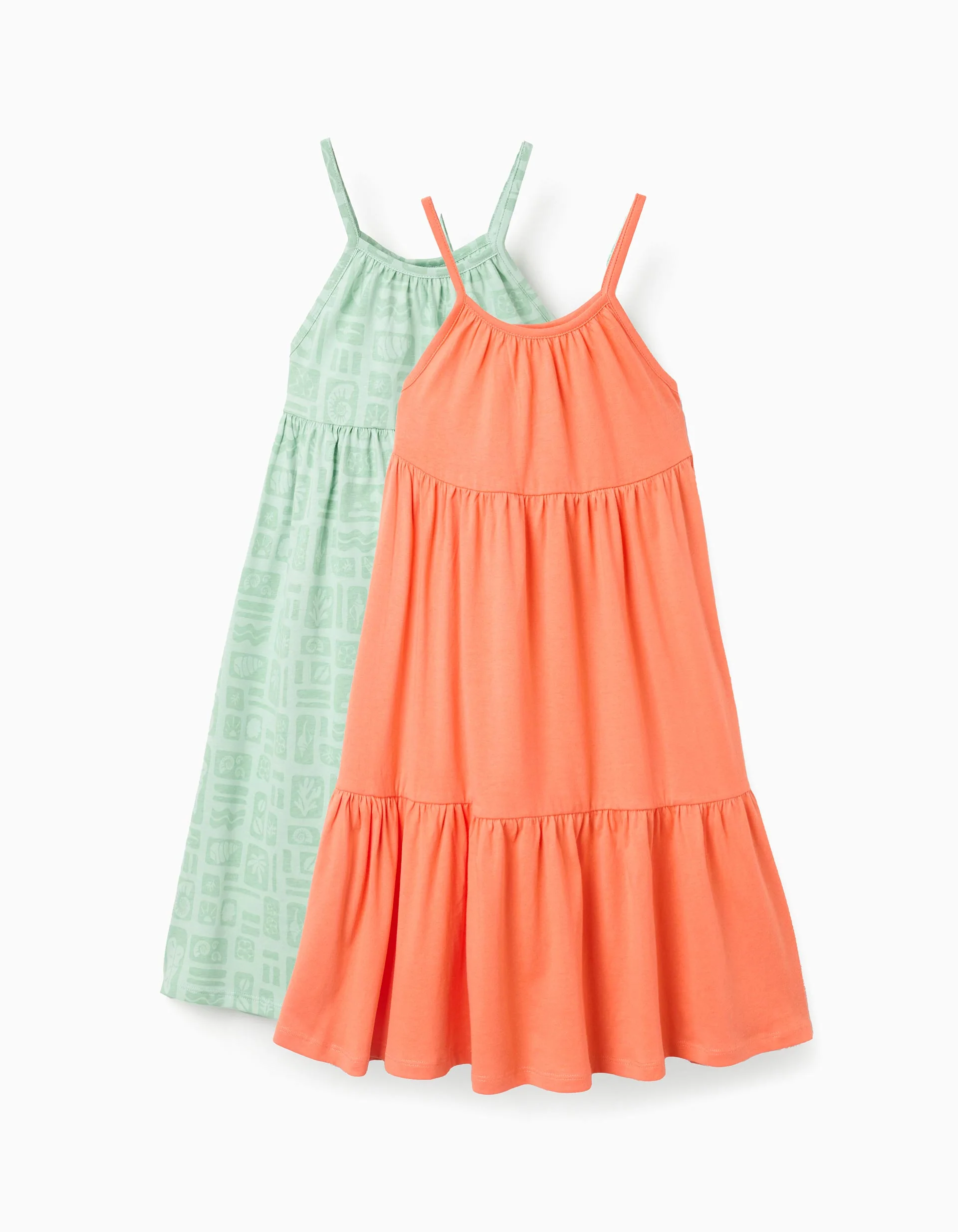 Pack of 2 plain and printed sleeveless dresses for girls, green/orange