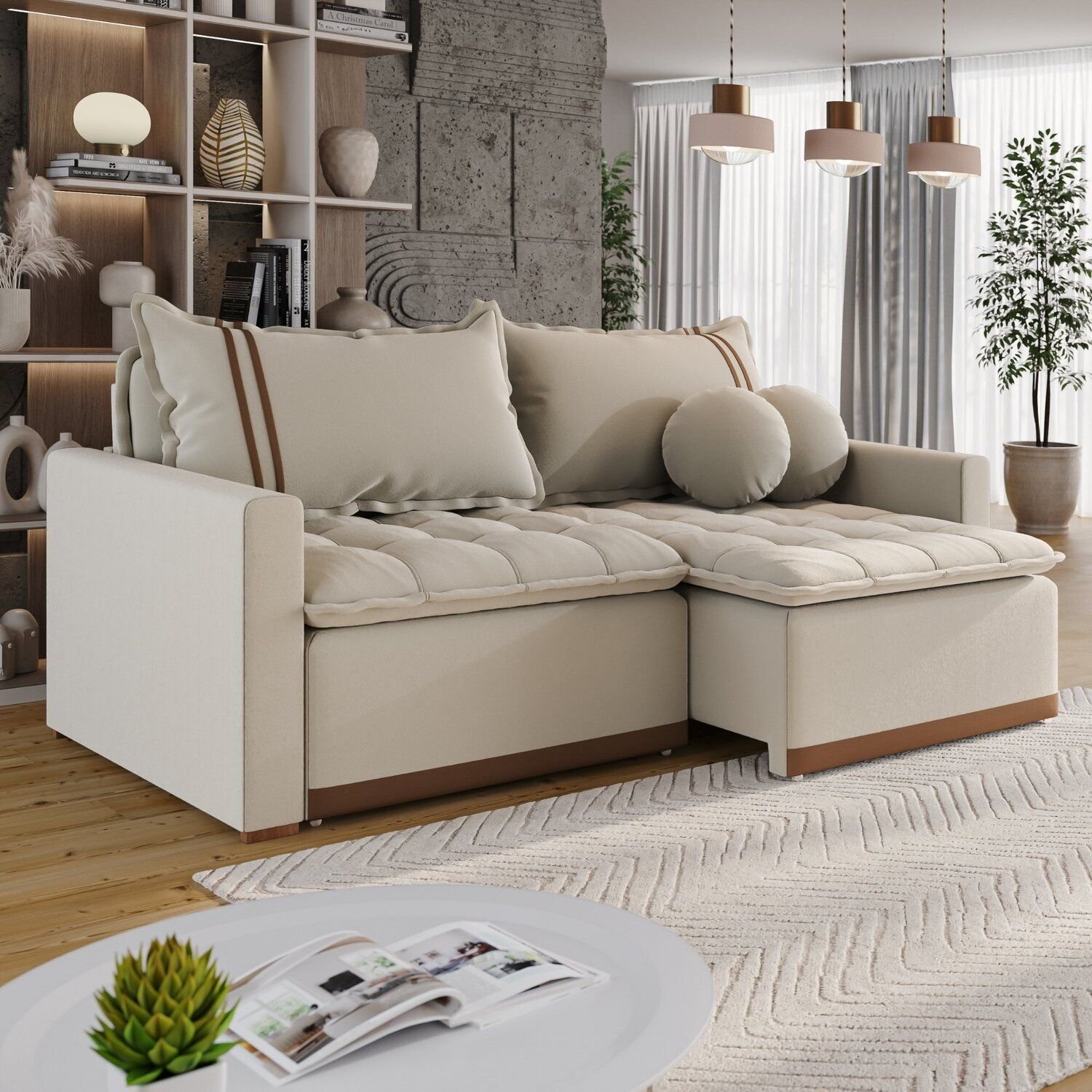 Sofá Cama Retrátil em Madeira Eucalipto e Bouclê 220cm Flórida