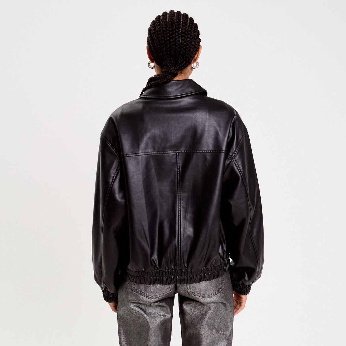 Bomber oversize similicuir col chemise noir femme