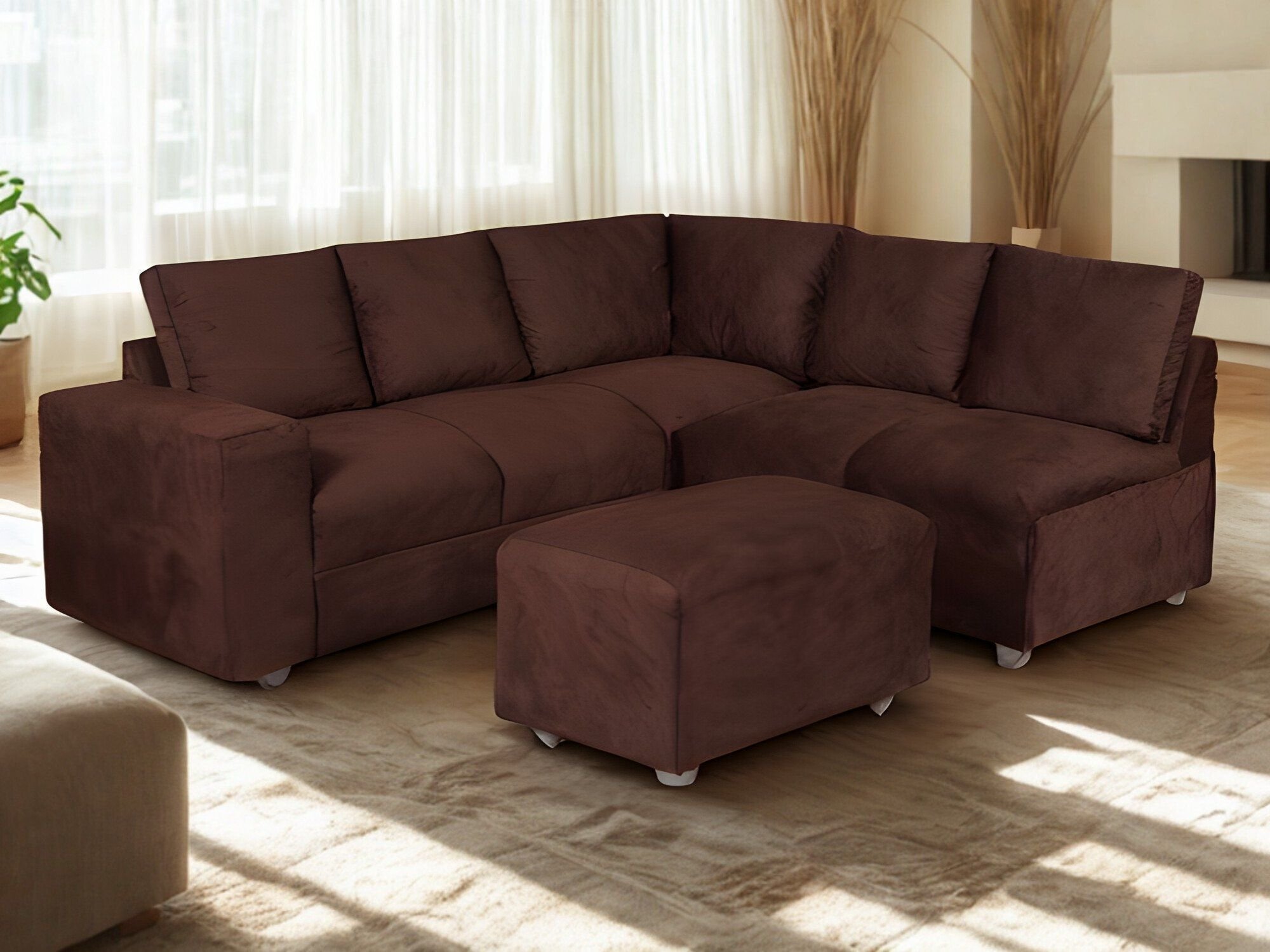 Sofa de Canto Sandero 5 Lugares e Puff Bom Descanso Veludinho Marrom
