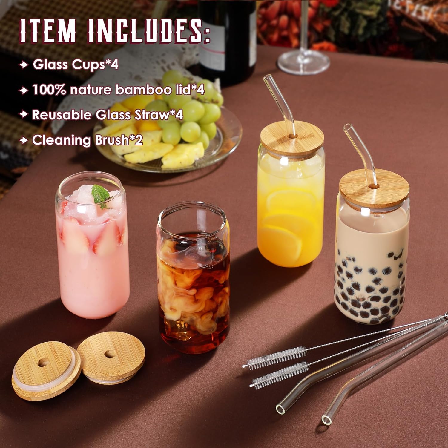 Drinking Glasses with Bamboo Lids and Glass Straw 4pcs Set - 16oz Glass ...