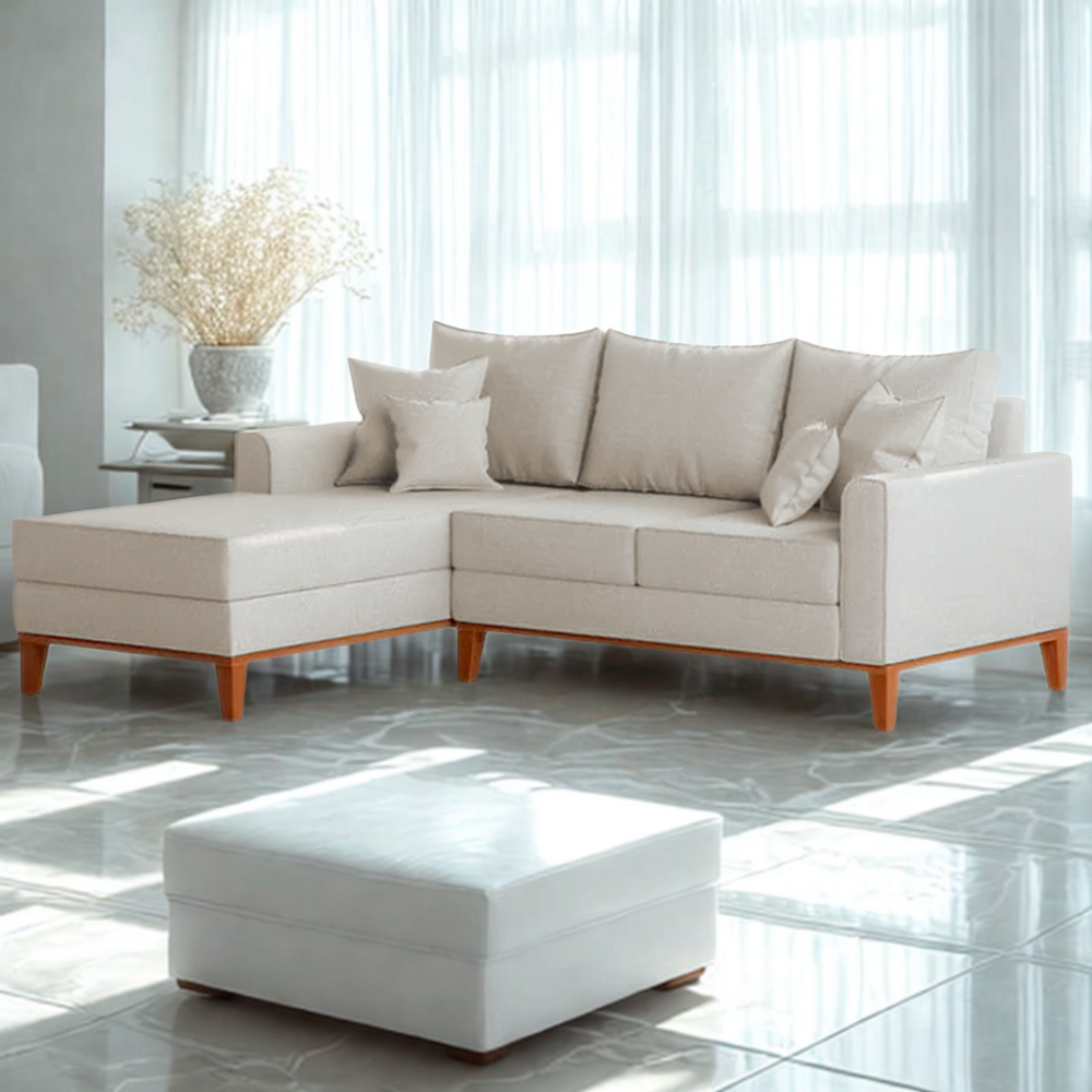 Sofá 3 Lugares Beny com Chaise Esquerdo Linho Cru