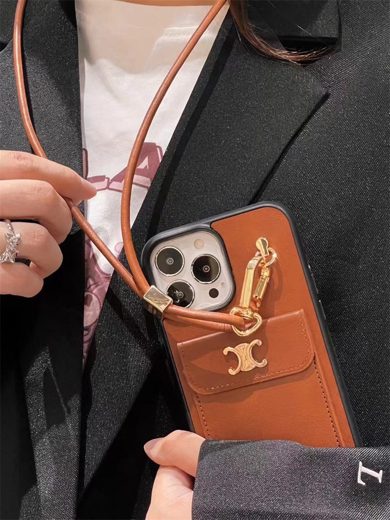 セリーヌ iphone17/17proケース celine スマホケース iphone16/15plus ケース カード 収納 ブランド iphone14/13ケース ネックストラップ iphone12/11pro/xs/xrケース 肩掛け おすすめ