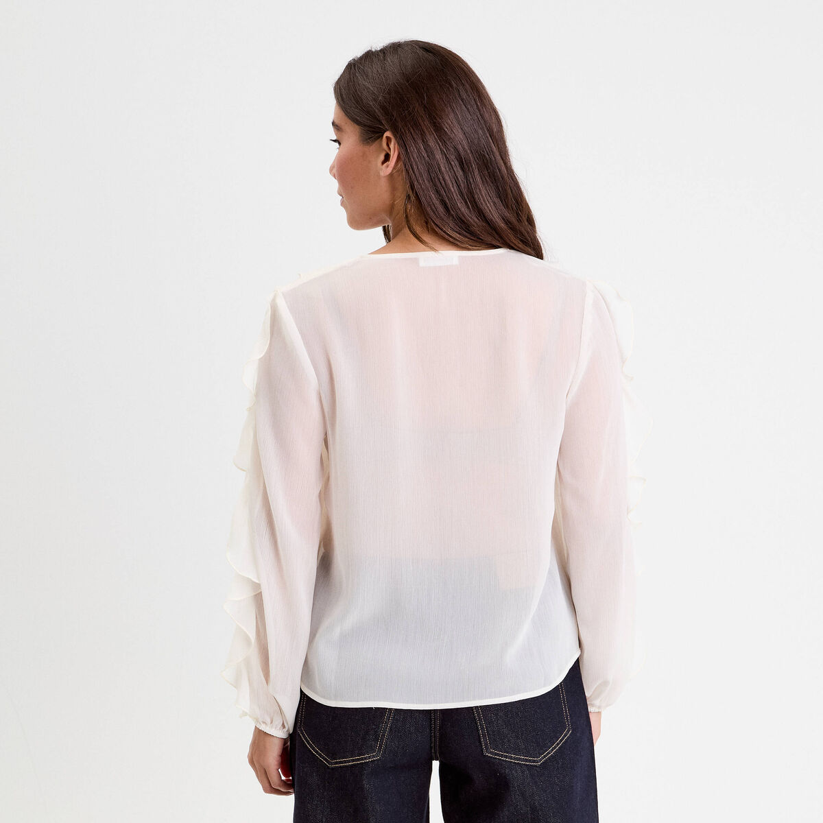 Blouse col V manches longues ecru femme