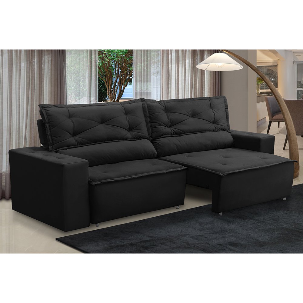 Sofá Retrátil e Reclinável 3 Lugares com Molas 2,00m Laura Suede Preto Madelina