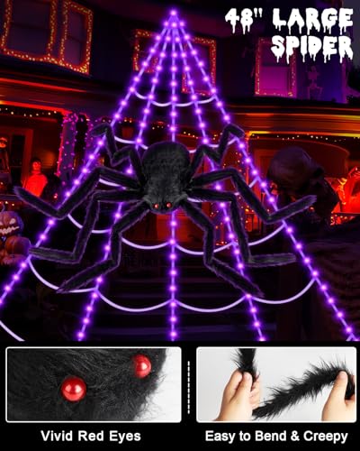3D HD Dynamic Giant Spider Halloween Projector+Brighter Spider Webs Lights Set,250 Purple LED Light Up,8 Modes 16.4Ft Giant Spiderweb with Remote Control,with 48'' Giant Spider