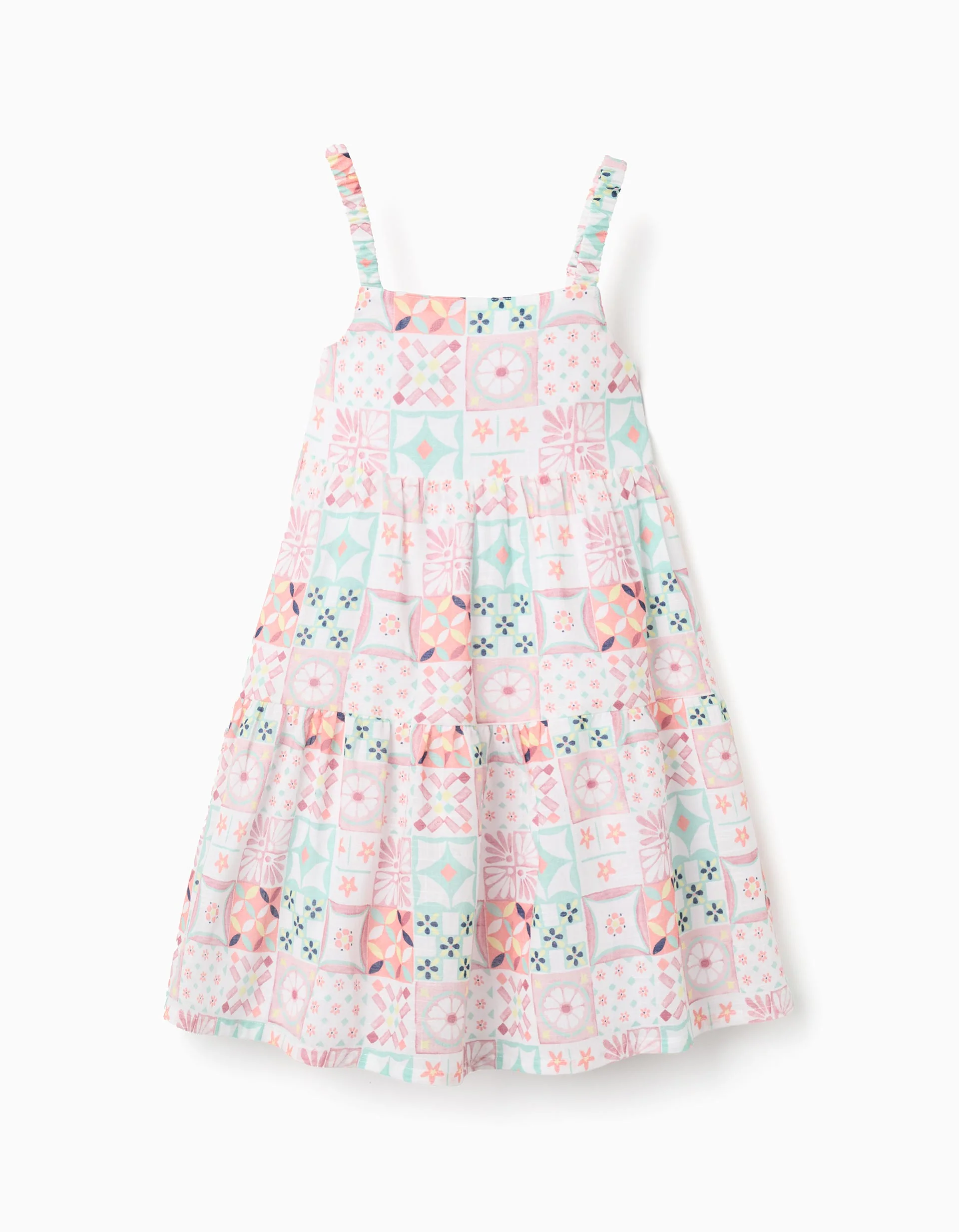 Strappy cotton dress with tile pattern for girls, multicolour
