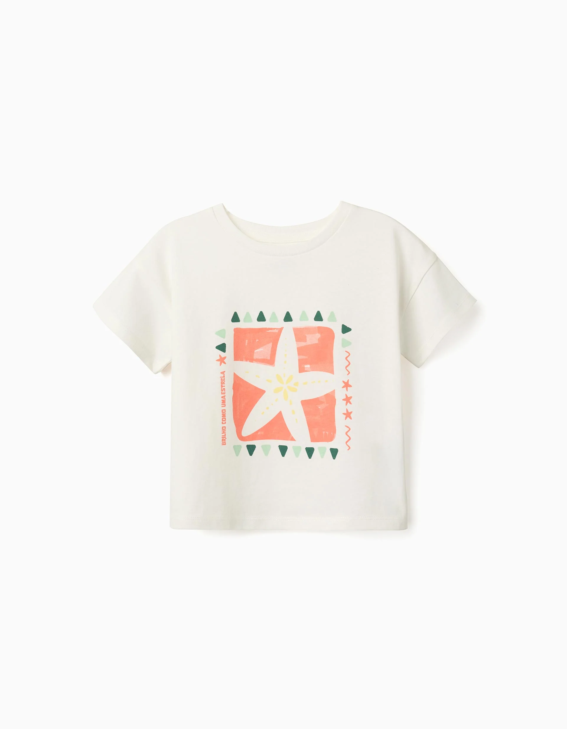 Cotton T-shirt with starfish print for girls, white/orange/green