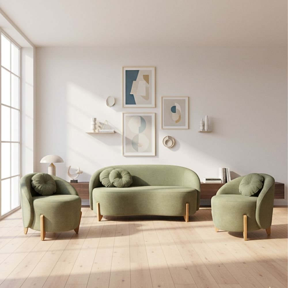 Kit 01 Sofá 2 Lugares + 02 Poltronas Orgânicos C/ Almofadas Curvo Sala Recepção Amsterdã Boucle Verd