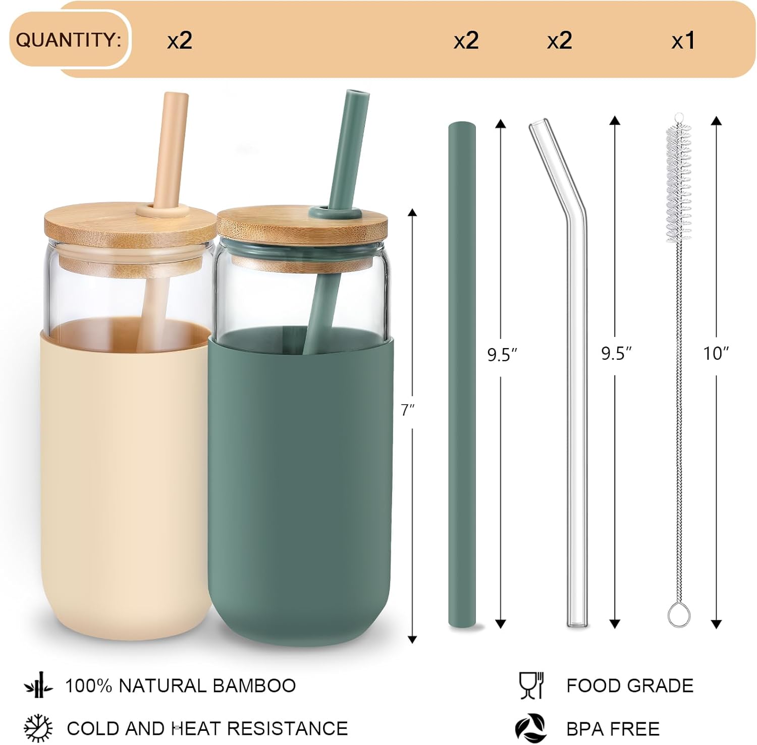 20 OZ Glass Cups with Bamboo Lids and Straws - Beer Can Drinking Glasses with Silicone Protective Sleeve Set  Iced Coffee Glasses  Cute Tumbler Cup for Water  Tea  Gift - Cambridge Blue  Amber