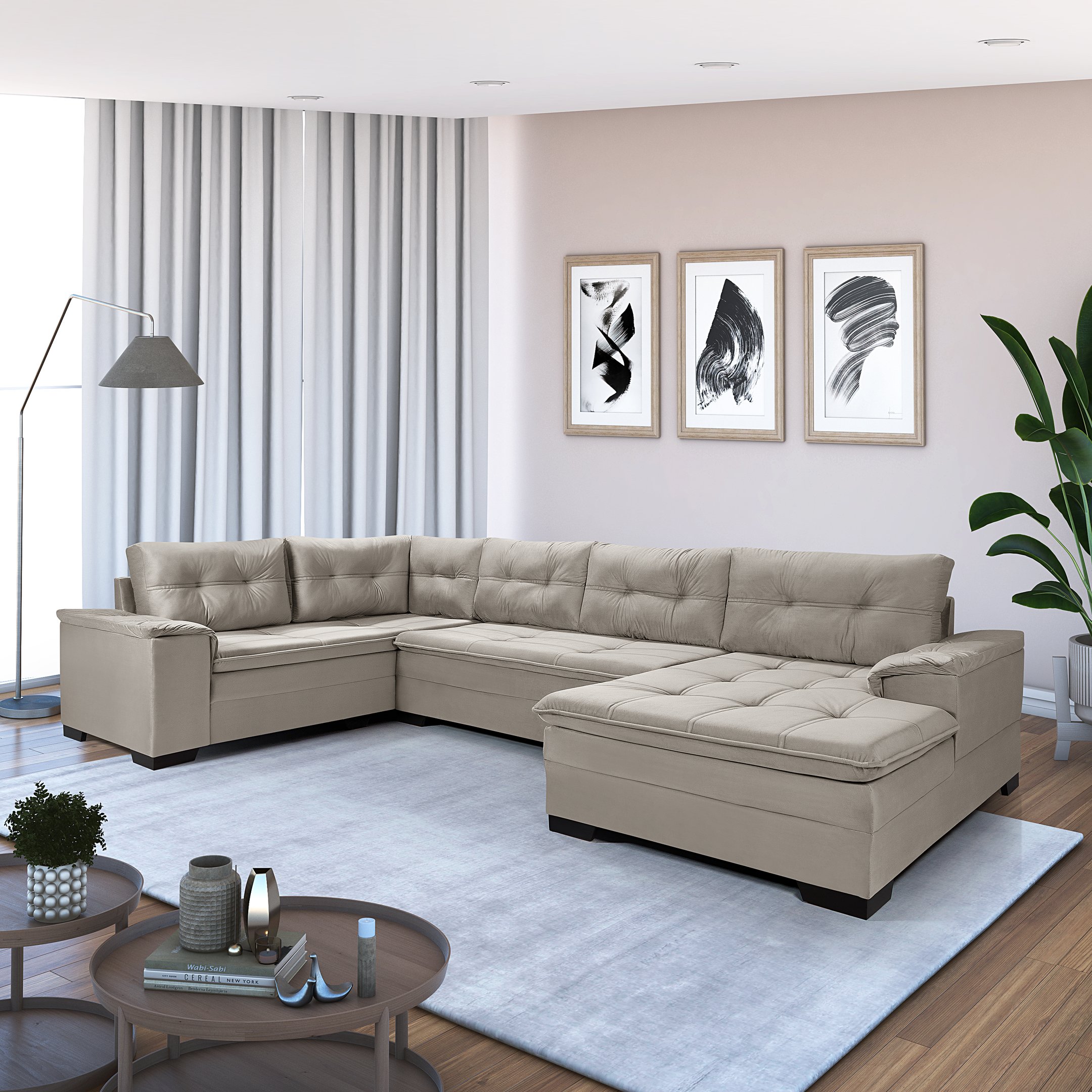 Sofá de Canto 6 Lugares com Chaise 3,42m Suede Cinza Claro
