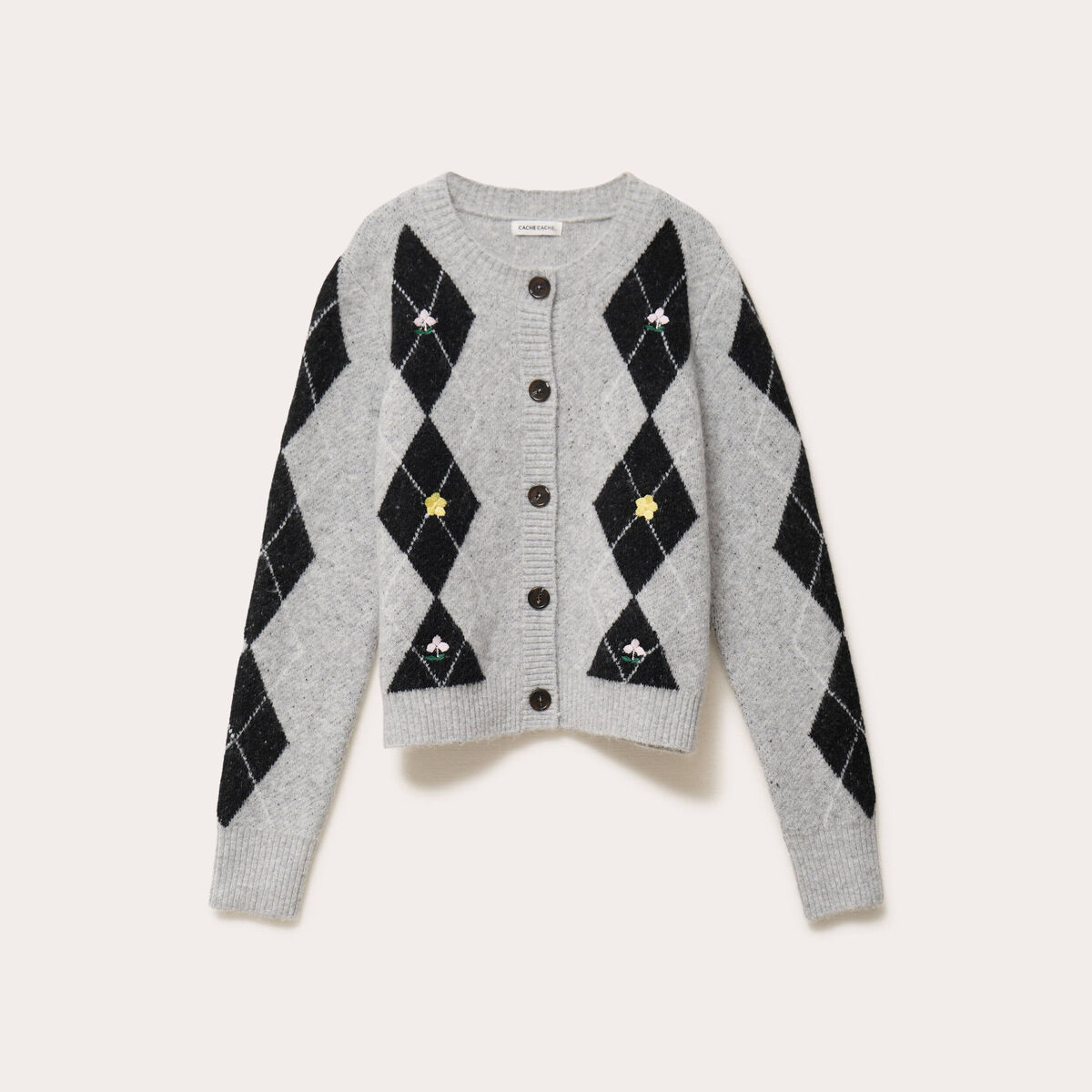 Gilet broderie col rond manches longues gris clair femme