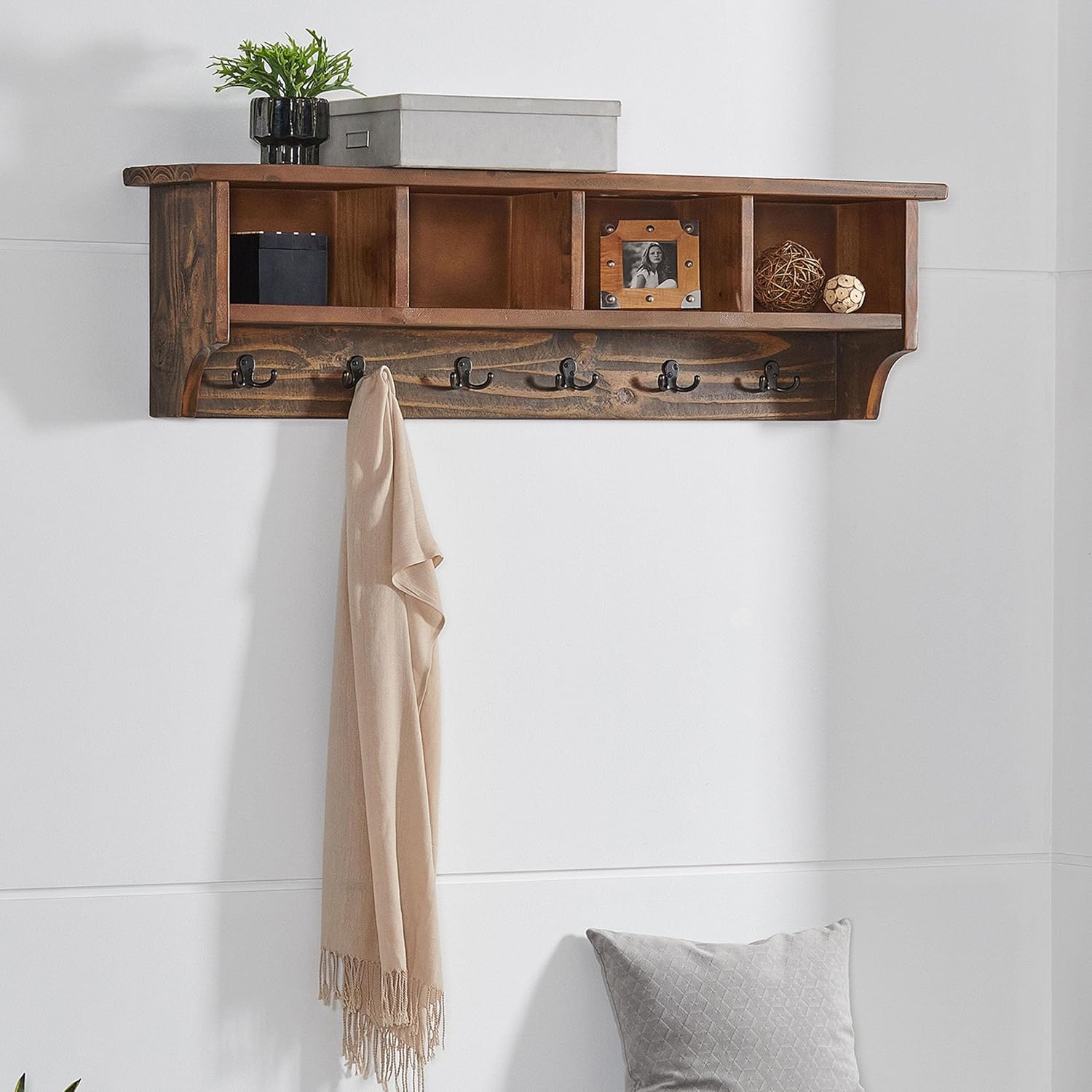 Pomona 48-Inch Wall-Mounted Coat Rack – Solid Wood & Metal Modern Entryway Organizer with 6 Heavy-Duty Hooks and 4 Open Cubbies for Mudroom, Hallway, Apartment, or Office Storage by Alaterre Furniture