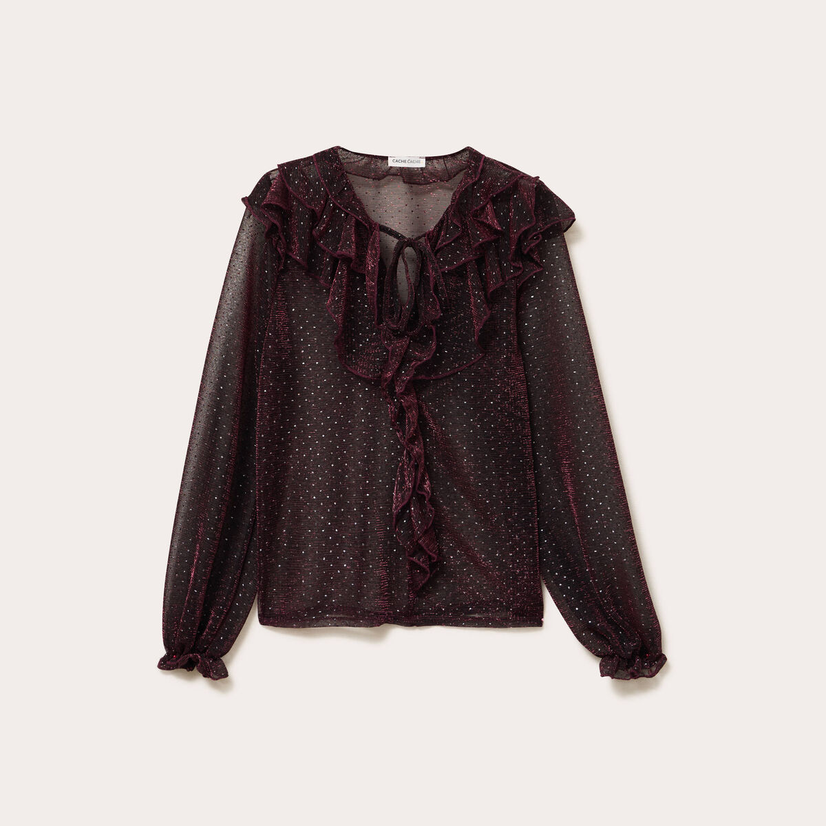 Blouse voile transparent pailleté violet foncé femme