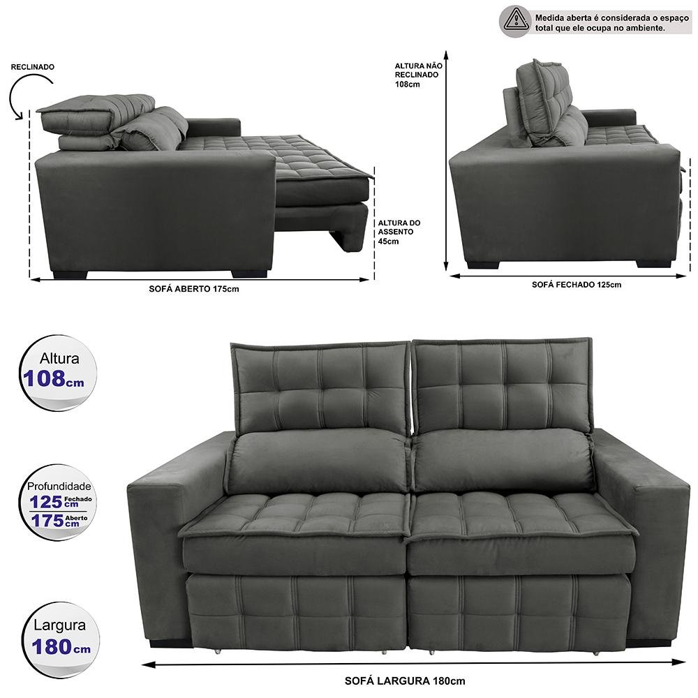 Sofá Retrátil e Reclinável 1,80M Molas Ensacadas e Costura Tripla Cama Inbox Nobre Suede Cinza