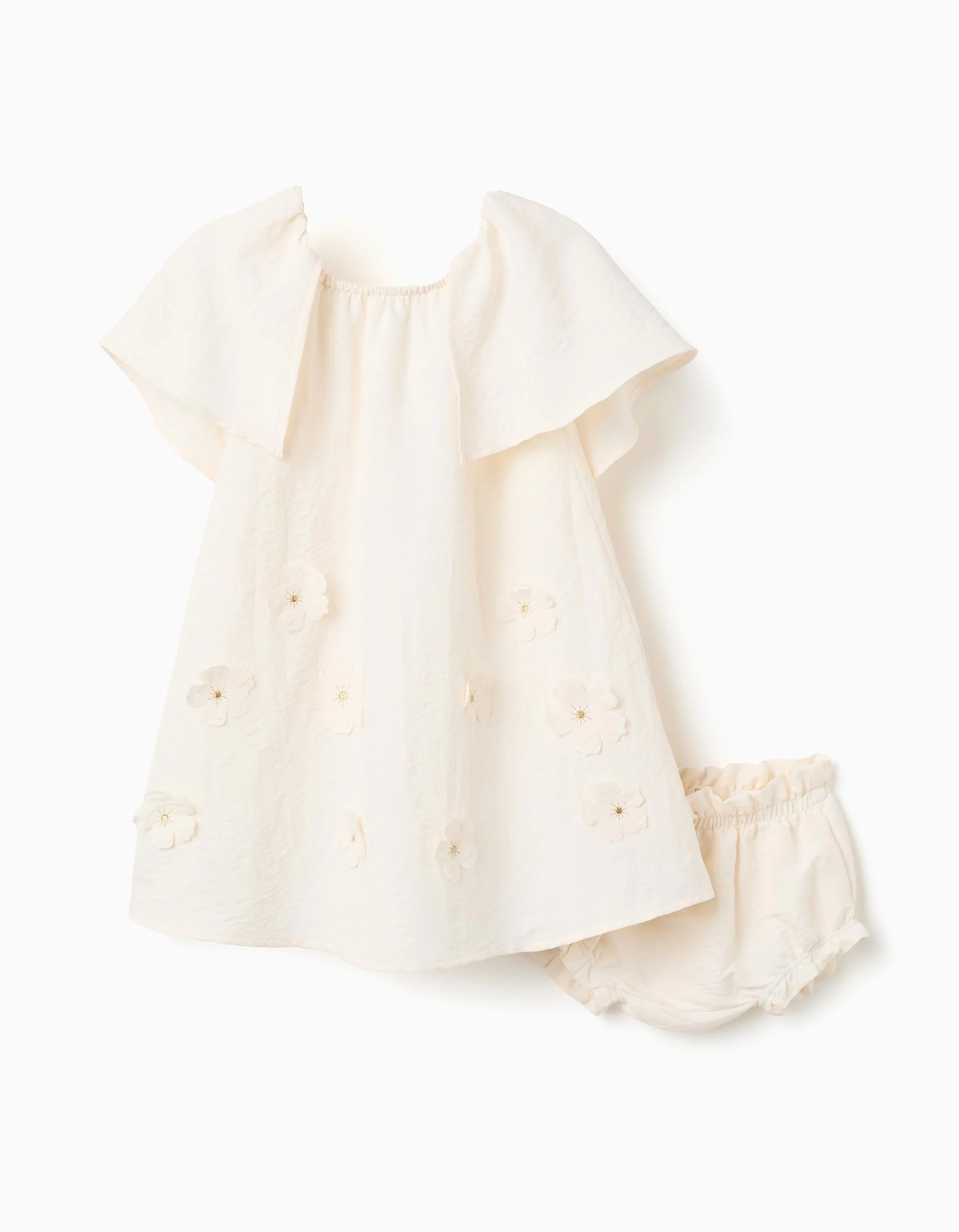 Dress with floral appliqué for newborn and baby girls, beige