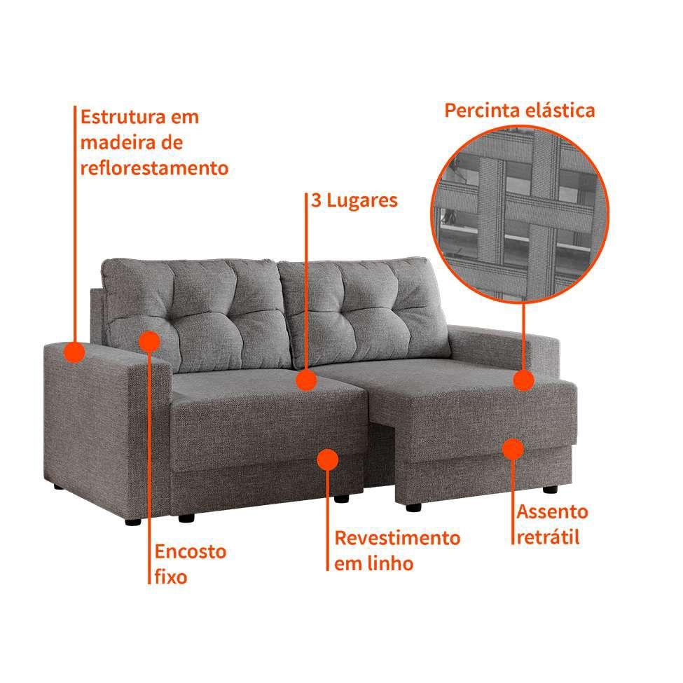 Sofá 3 Lugares Retrátil Lubeck Linho Grafite em Promoção | Ofertas na Americanas
