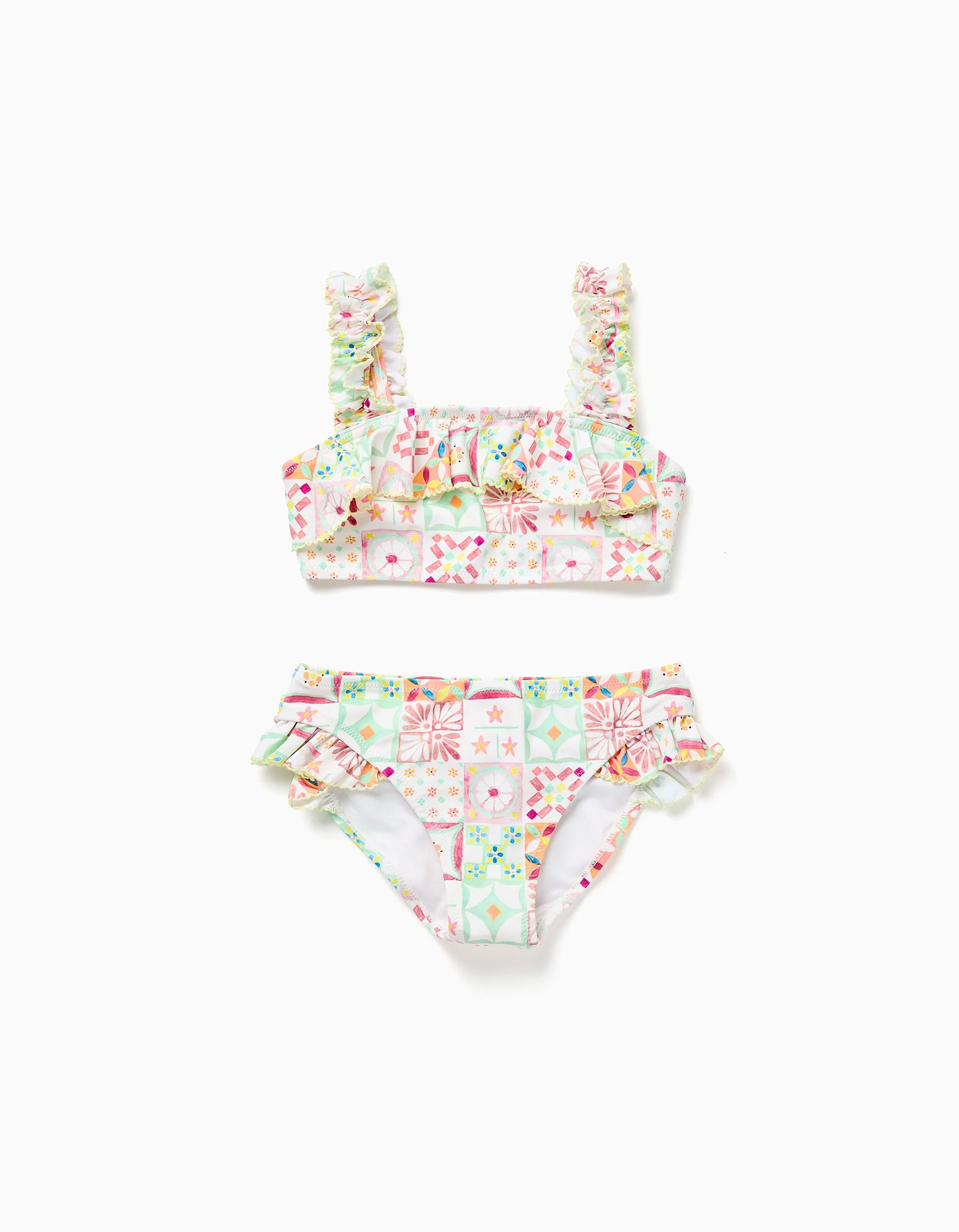 Bikini with tile pattern and ruffles for girls, multicolour