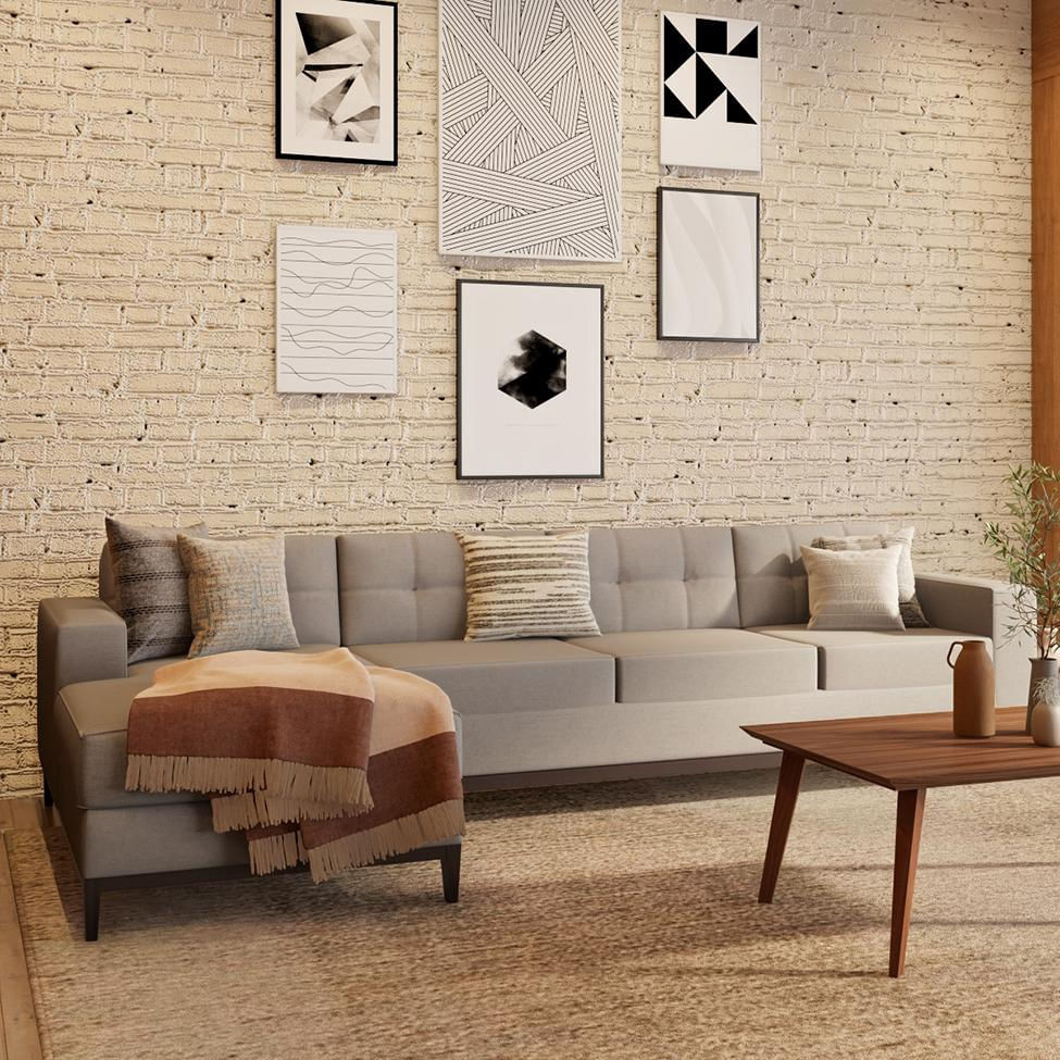 Sofá 4 Lugares Joy com Chaise Esquerdo Pés e Base em Madeira Linho Cotton Cru em Promoção | Ofertas na Americanas