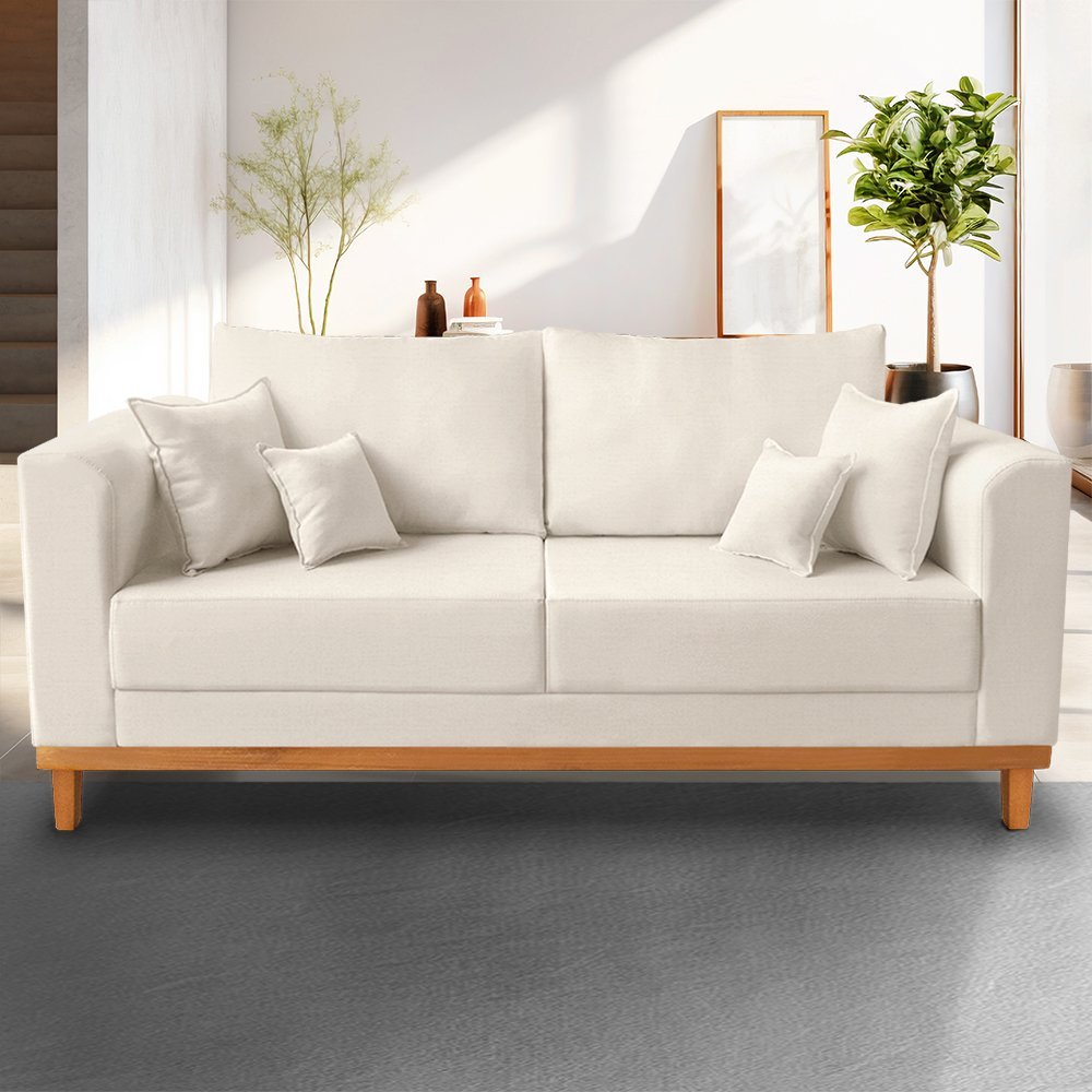 Sofá Viena 3 Lugares Para Recepção Linho Bege - Madeira Prima Deccor