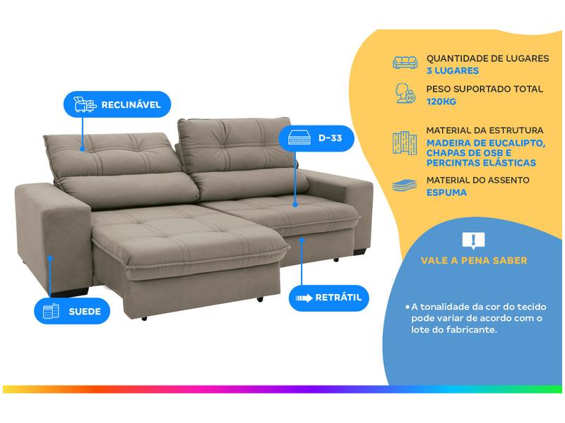 Sofá Retrátil Reclinável 3 Lugares Suede Brunello Linoforte
