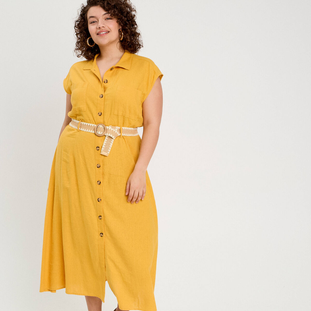 Robe chemise midi contenant du lin jaune citron femme