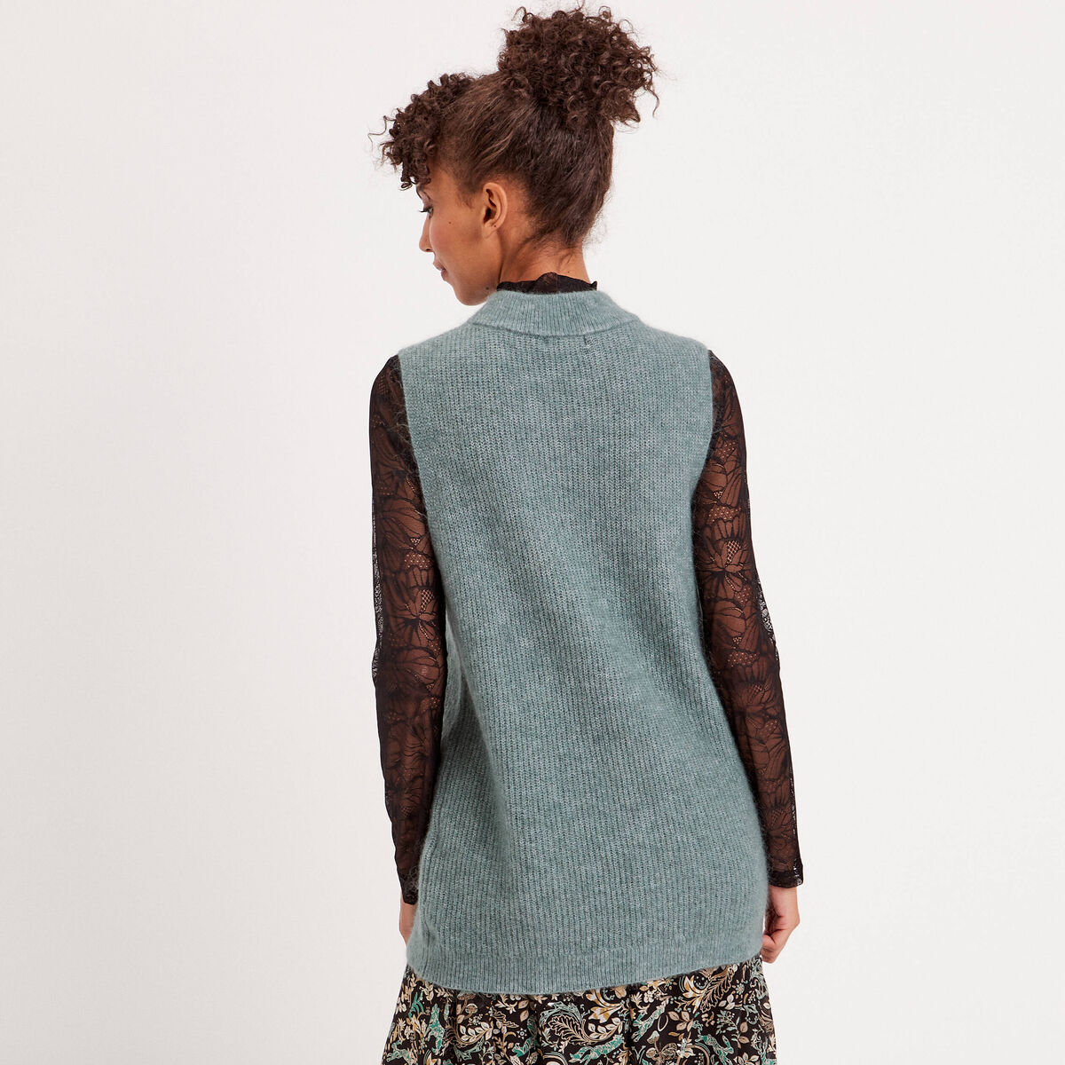 Pull sans manches col roulé vert foncé femme