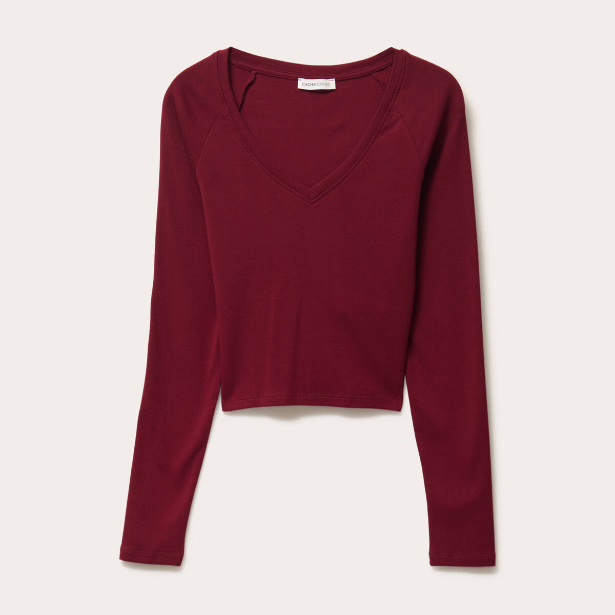 T-shirt ajusté cropped manches longues rouge foncé femme