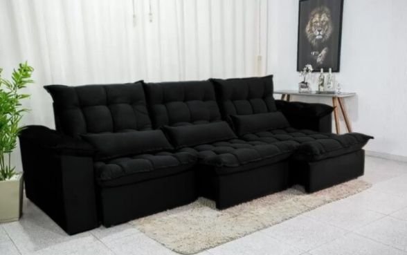 Sofá Retrátil e Reclinável Ipanema 2,10m em Tecido Veludo C/ 03 Módulos - Montagem Inclusa:preto