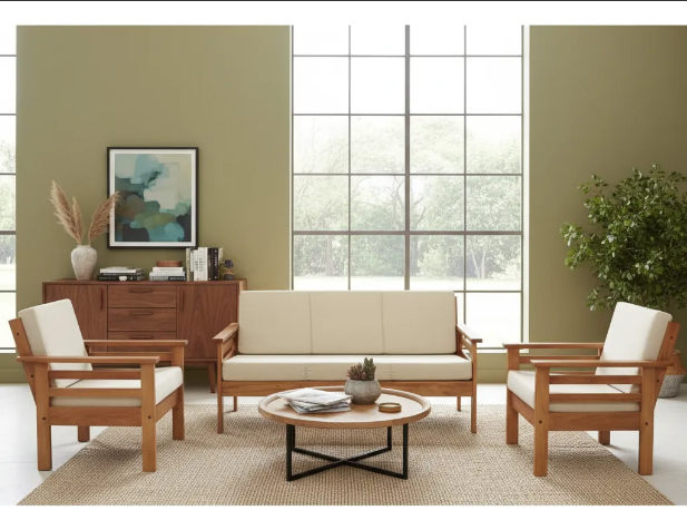 Sofá de Madeira Maciça 3 Lugares e 2 Poltronas