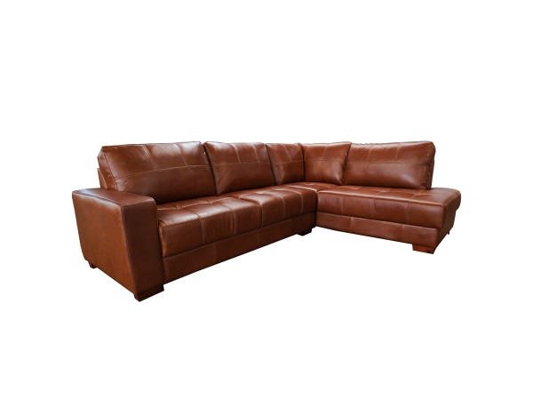 Sofá de Couro Canto Marrocos 3 Lugares com Chaise Direita - Conhaque com Brilho
