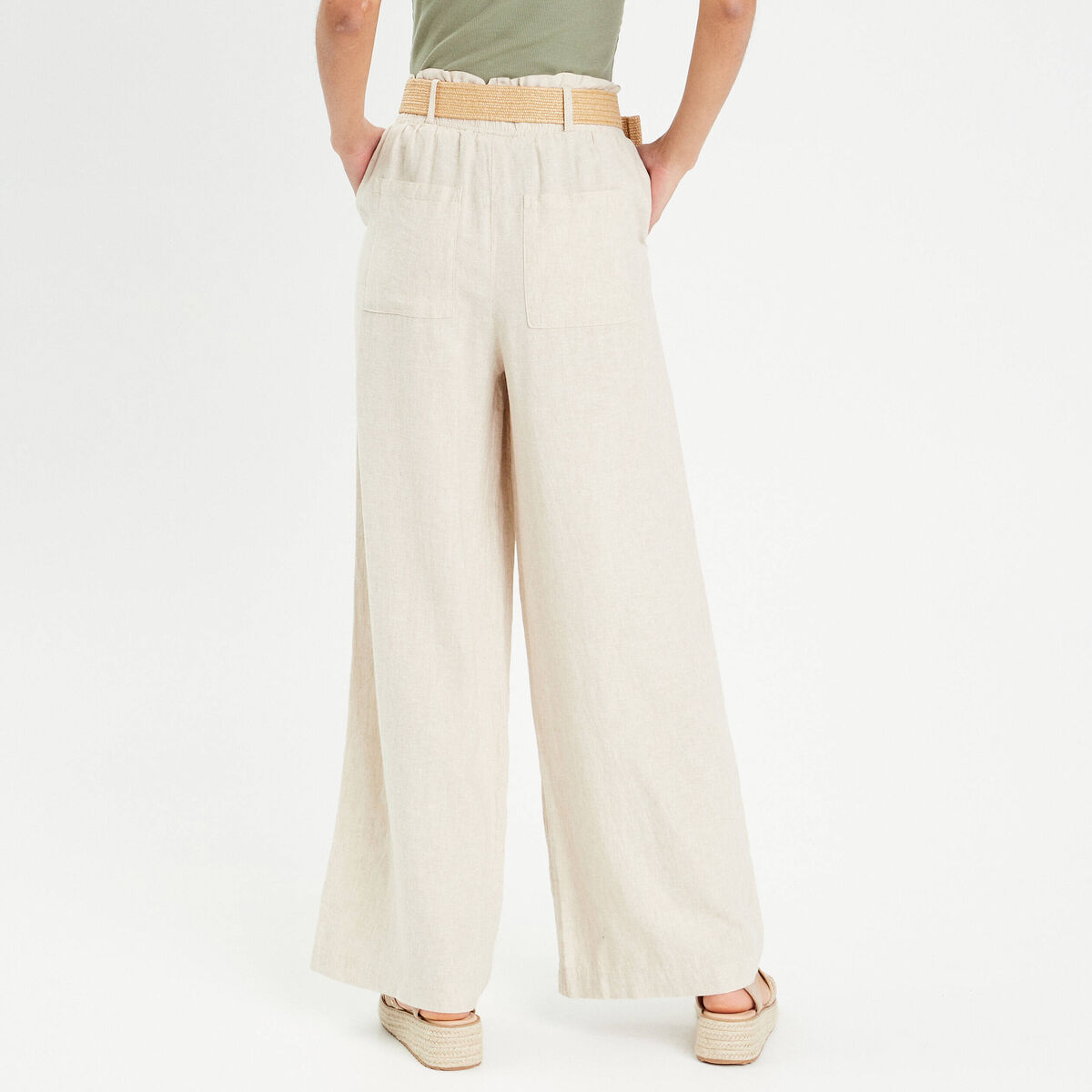 Pantalon large ceinturé contenant du lin beige femme