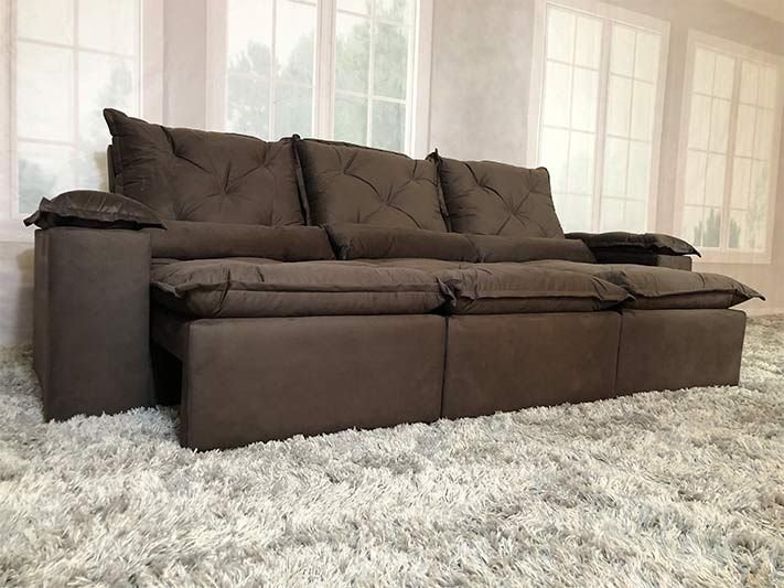 Sofá Retrátil e Reclinável 2,70m em Tecido Veludão C/pillow Nos Braços Athenas:marrom/270cm