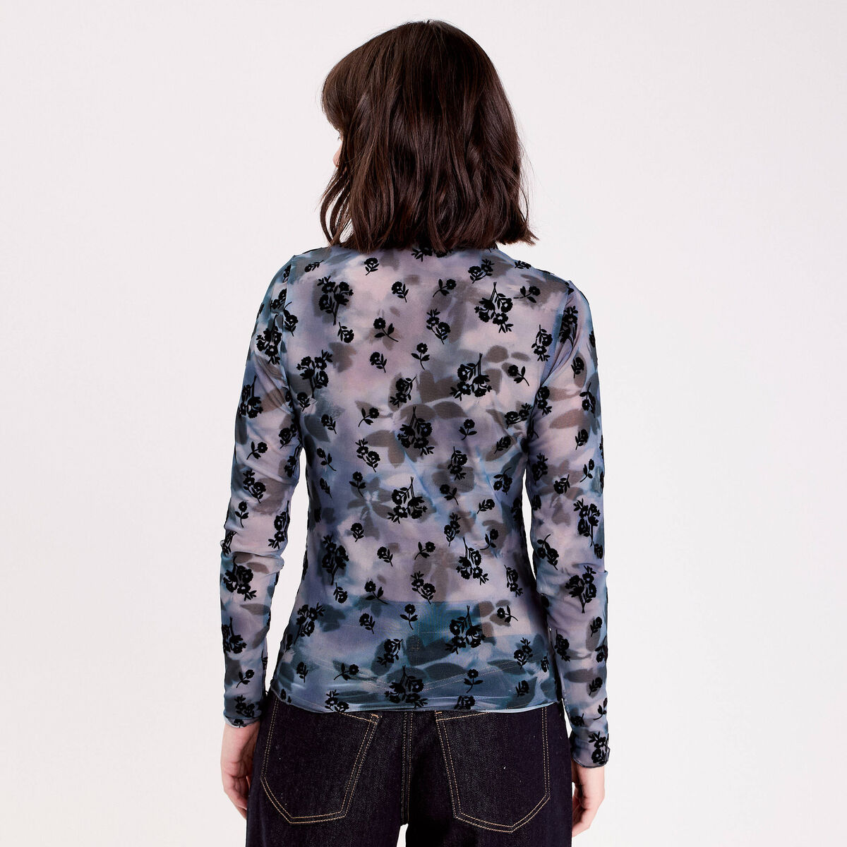 T-shirt col montant manches longues gris femme