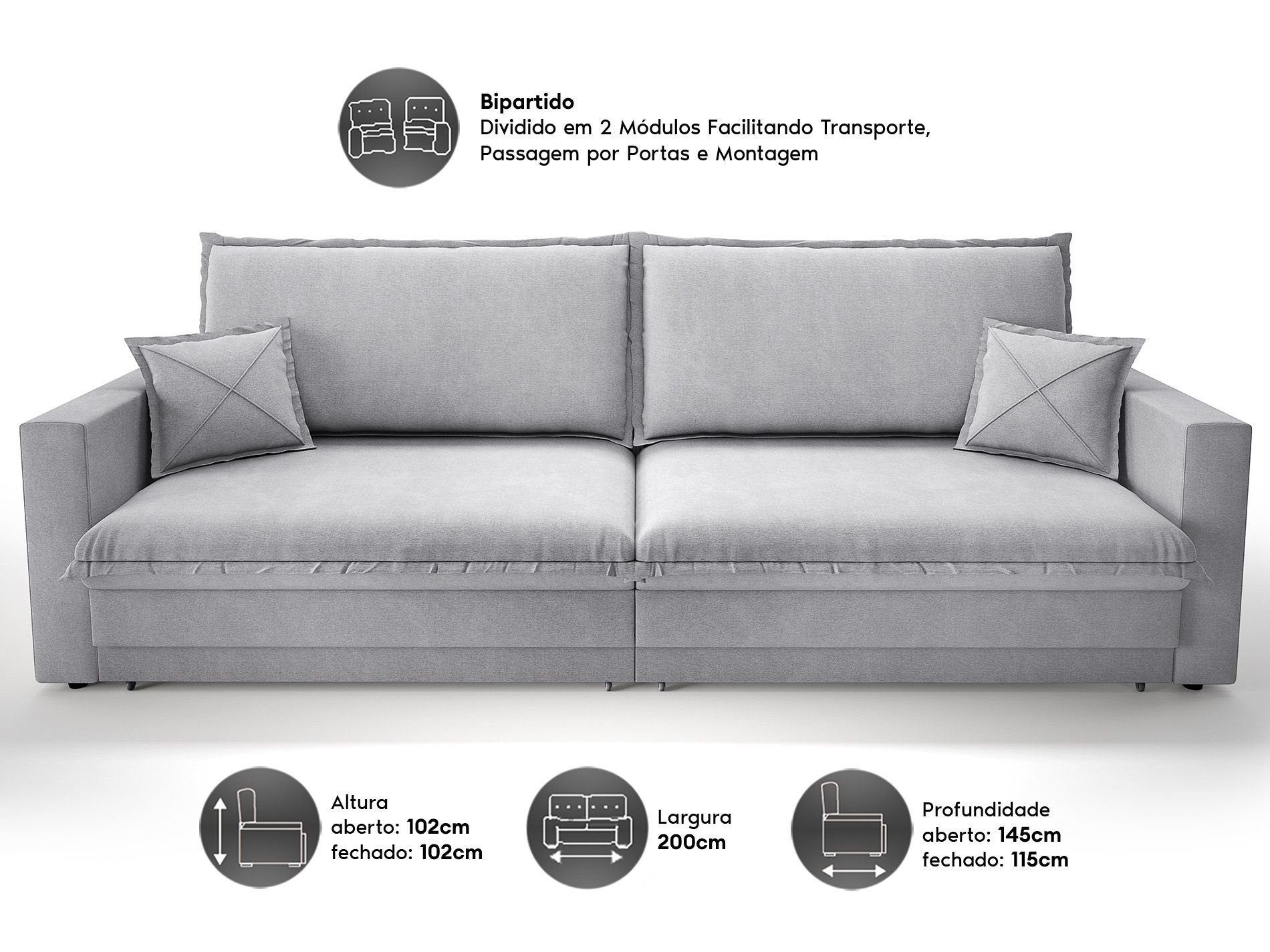 Sofá Tango 2,00m sem Caixa, Retrátil e Reclinável Linho Soft Prata - Netsofas