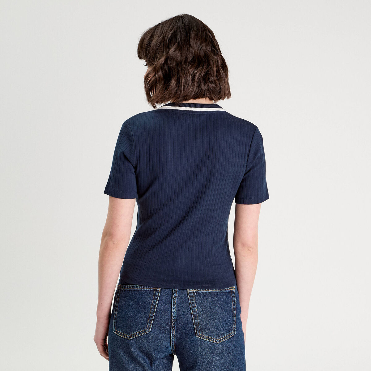 Polo côtelé manches courtes bleu marine femme