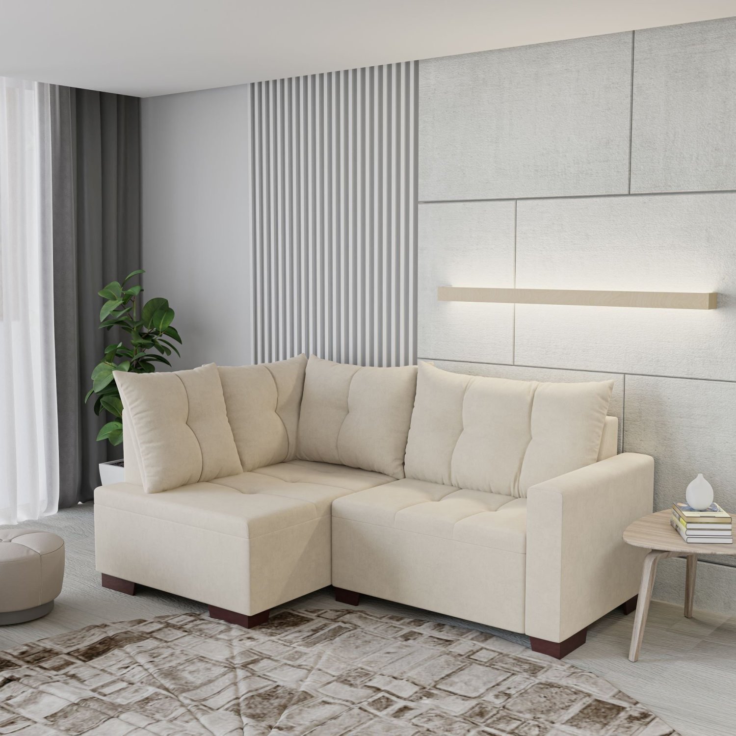 Sofá de Canto 4 Lugares com Chaise 181cm Suede Bege