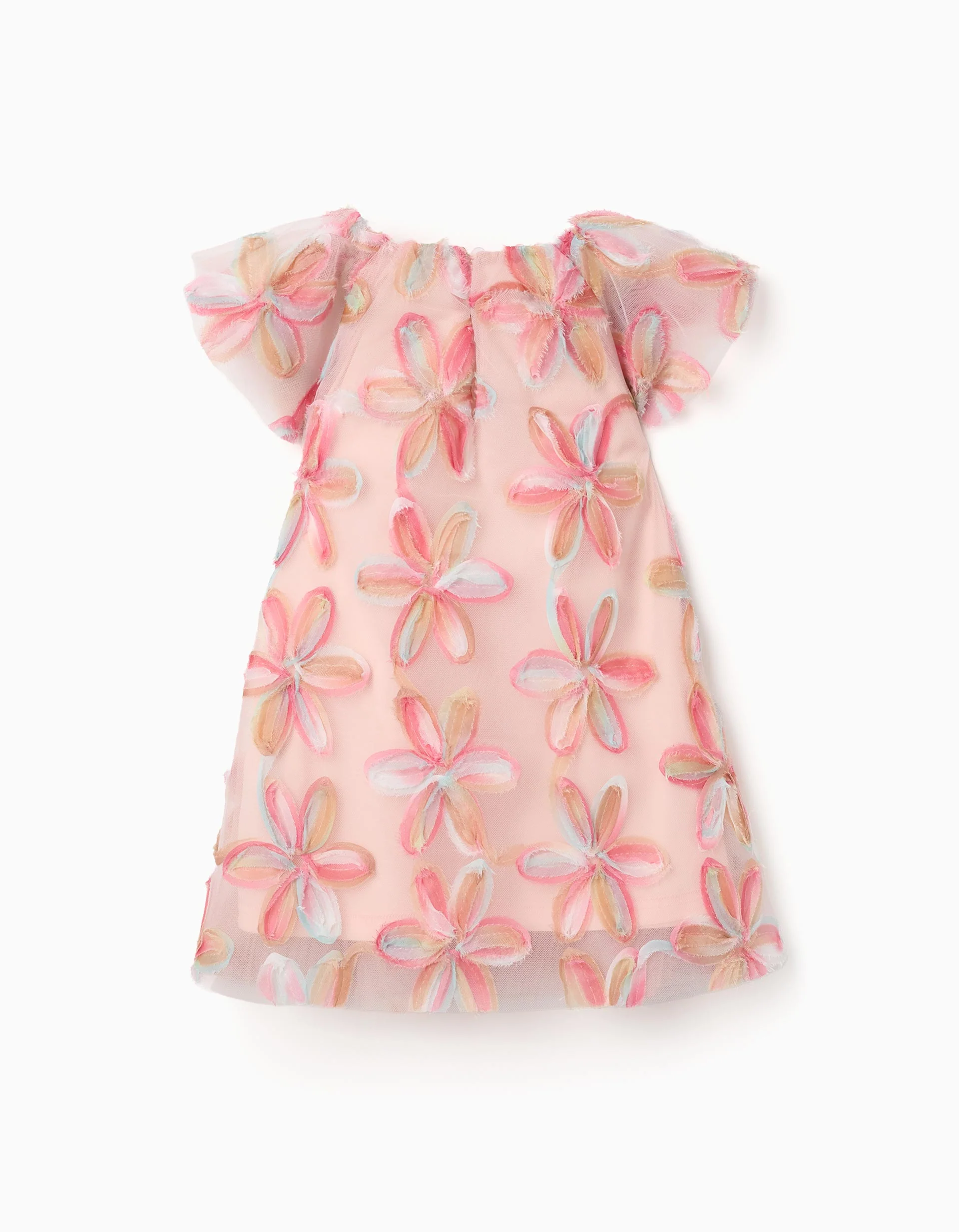 Short sleeve tulle dress with 3D flowers for baby girls, light pink