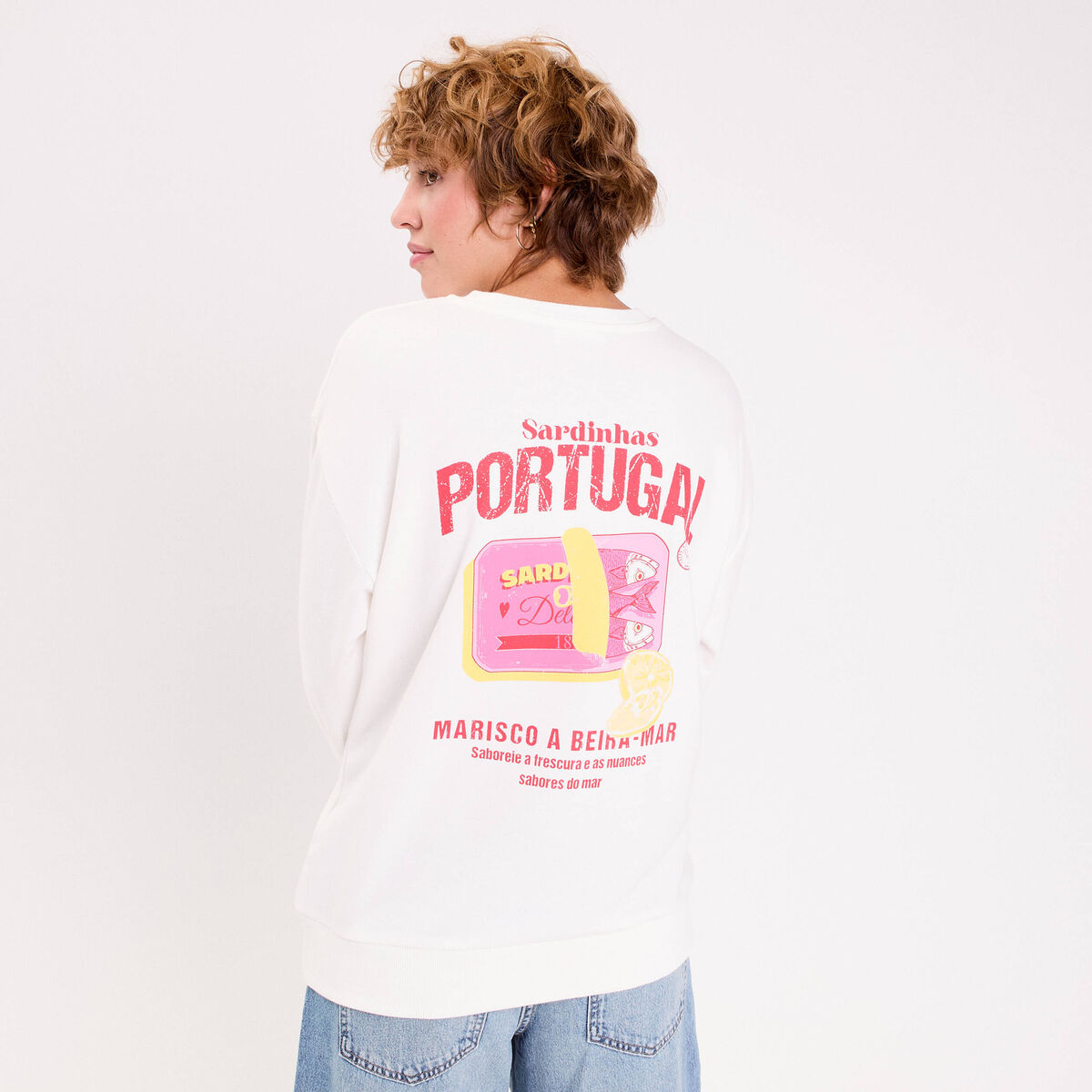Sweat oversize col rond manches longues ecru femme