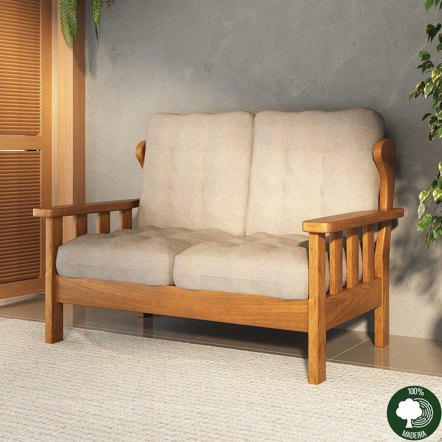 Sofá 2 Lugares com Almofadas Madeira Maciça