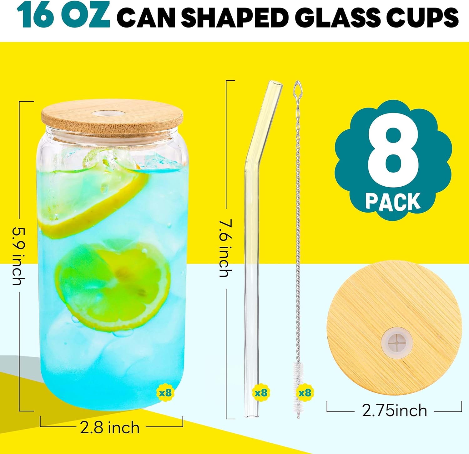 Glass Cups with Bamboo Lids and Straws 8 Set 16 oz Reusable Iced Coffee Cup Beer Can Drinking Jars for Smoothie Whiskey Boba Soda Tea Gift
