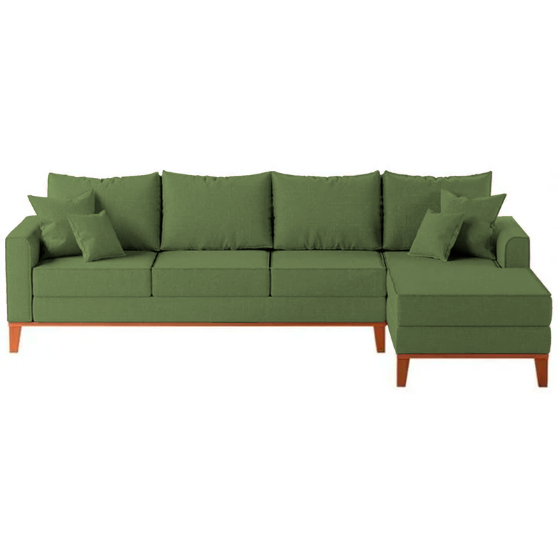 Sofá 4 Lugares Beny com Chaise Direito Linho Verde Oliva