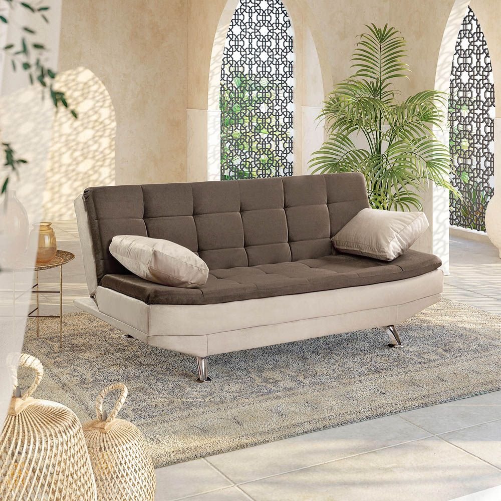 Sofá Cama Valencia 3 Lugares Reclinável Veludo Bege Marfim e Marrom Chocolate - Star Confort