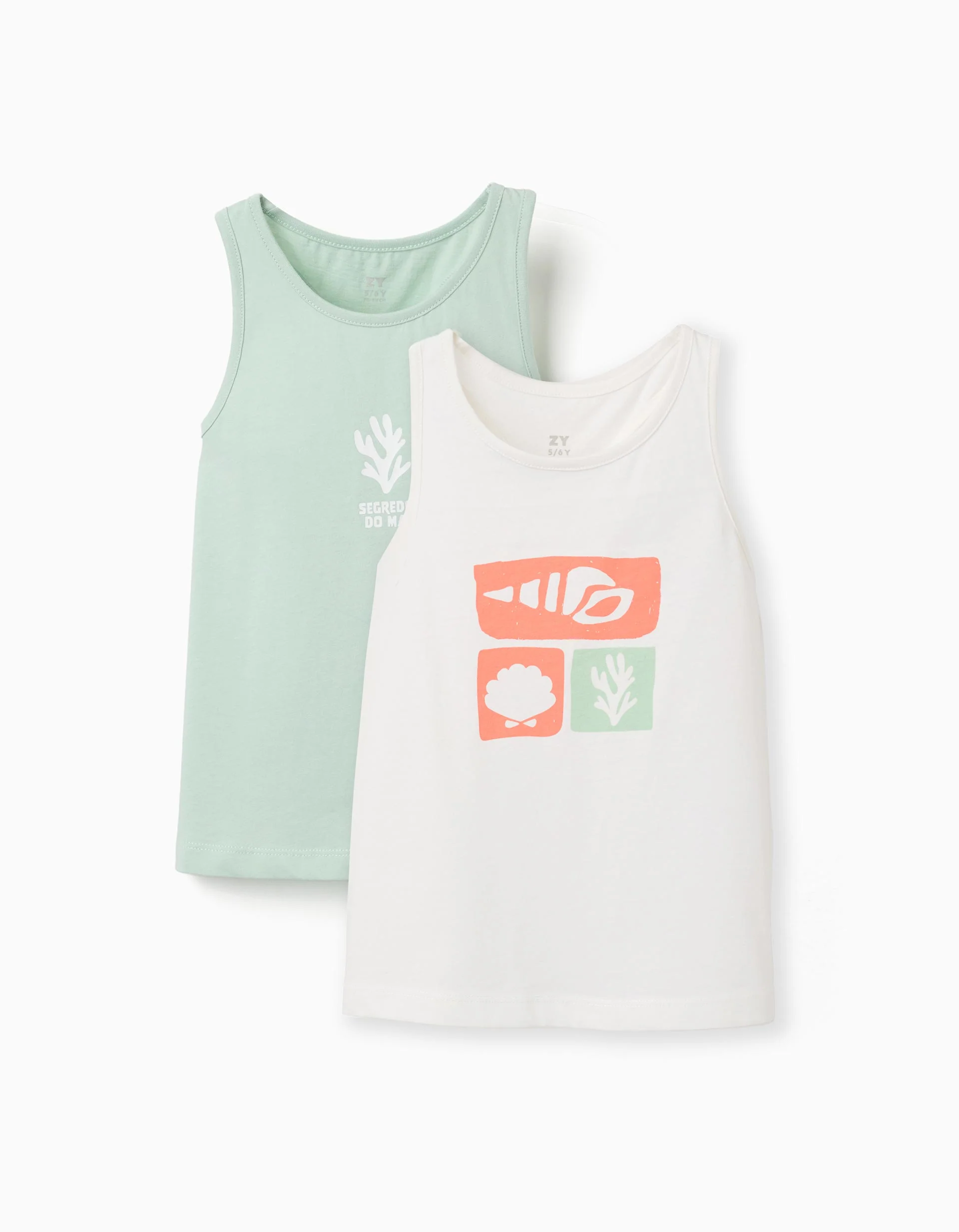 Pack of 2 cotton tank tops with beach prints for girls, white/green