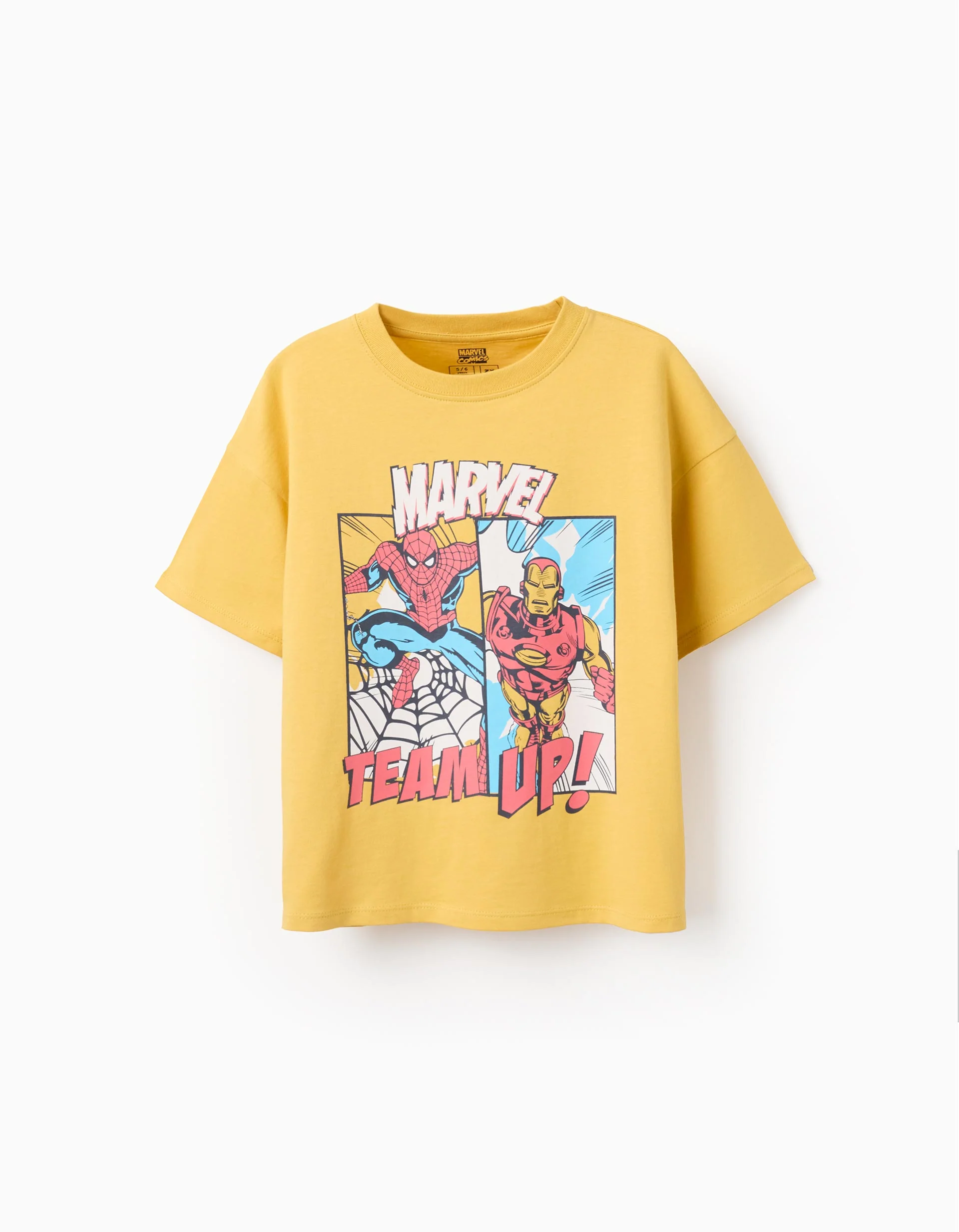 Cotton T-shirt with Spider-Man and Iron-man print for boys, yellow