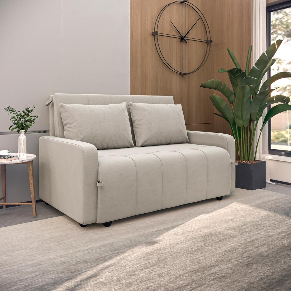 Sofá Cama 3 Lugares 1,38m Veludo Bege Amora Matrix