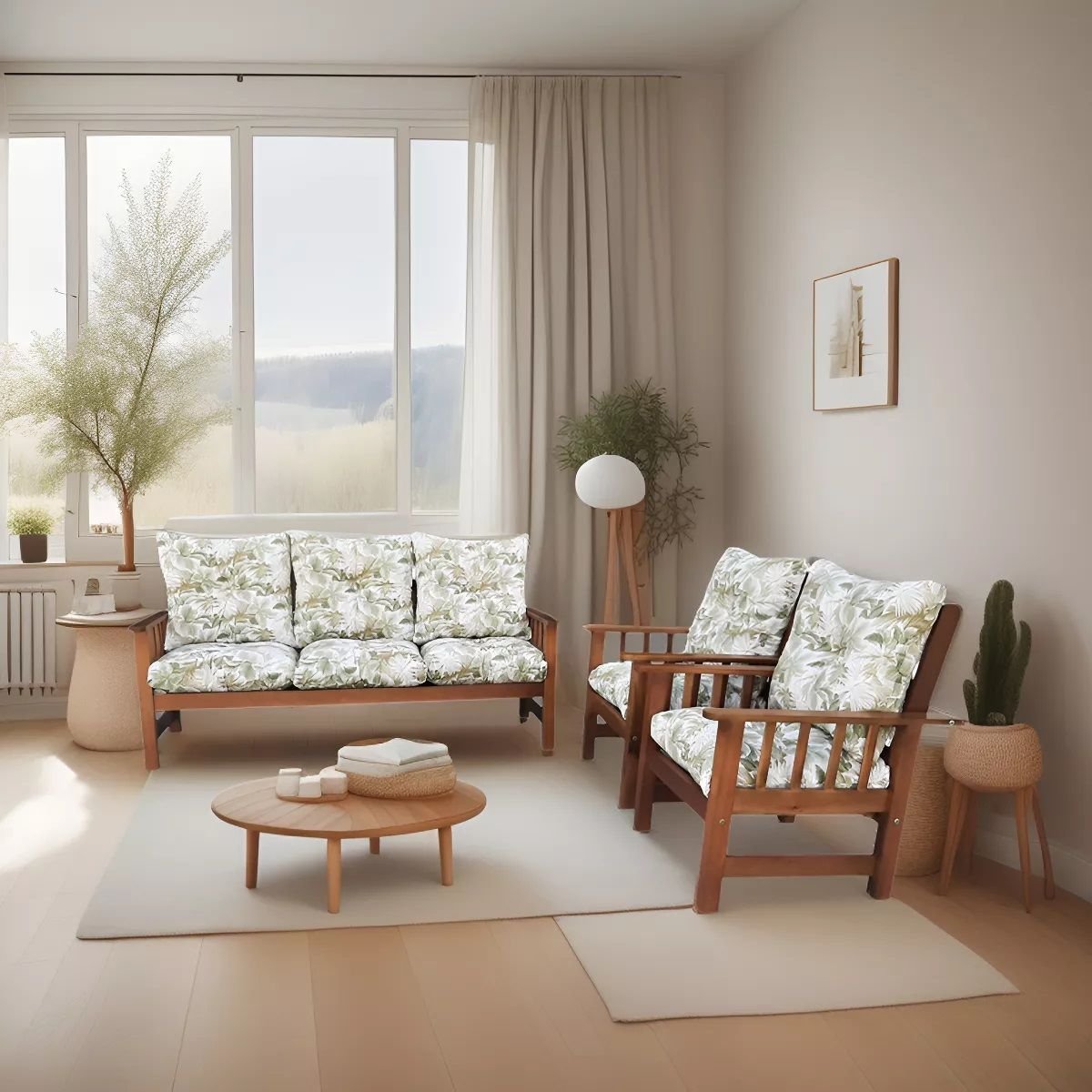 Conjunto Cancún Sofá 3 Lugares e Poltronas de Madeira Estofado Floral Verde