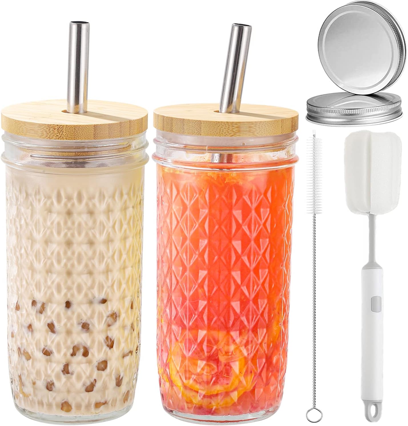 2 Pcs Glass Cups Set - 24oz Mason Jar Drinking Glasses with Bamboo Lids & Straws & 2 Airtight Lids  Cute Reusable Smoothie cup  Iced Coffee Glasses  Travel Tumbler for Bubble Tea  Juice