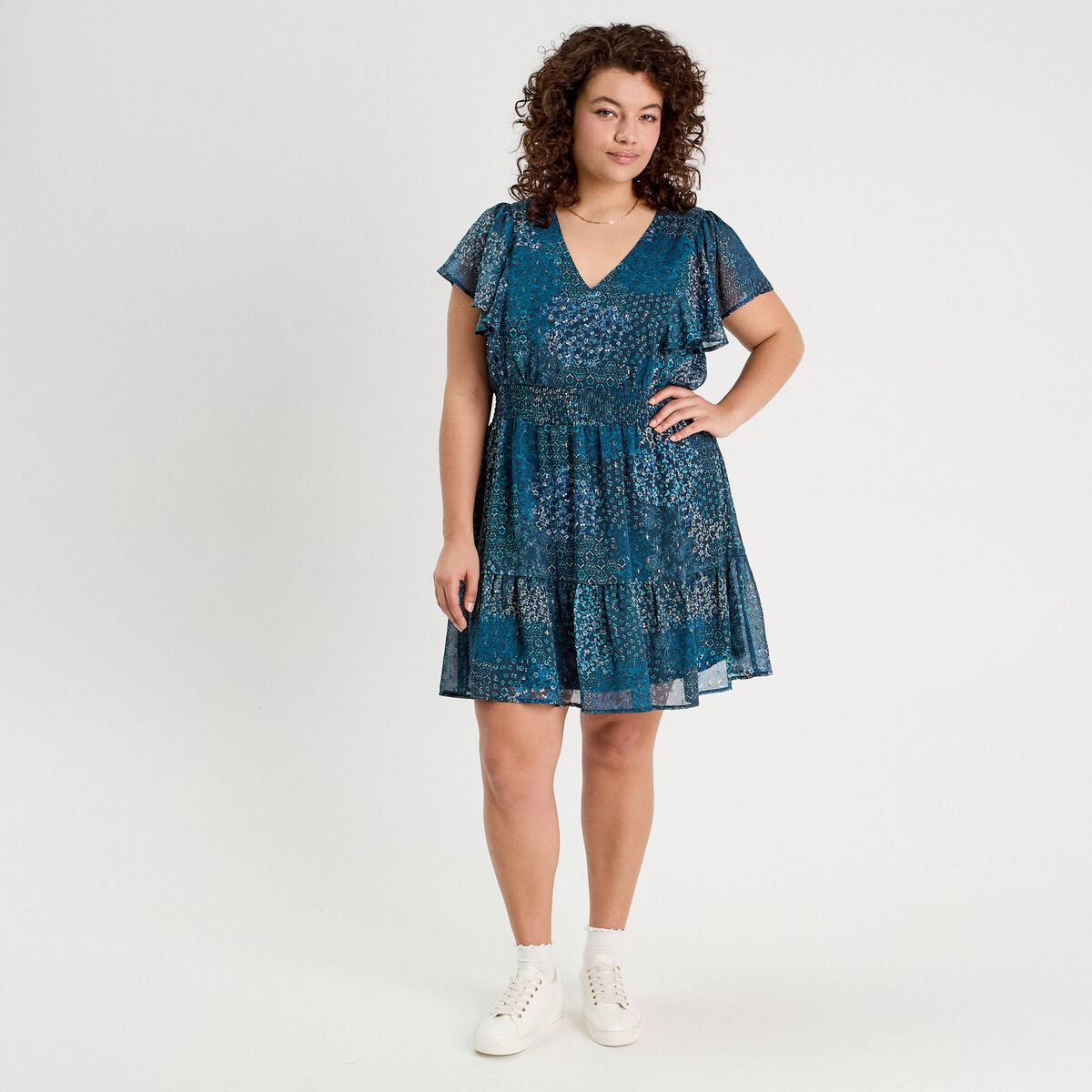 Robe évasée taille smockée bleu foncé femme