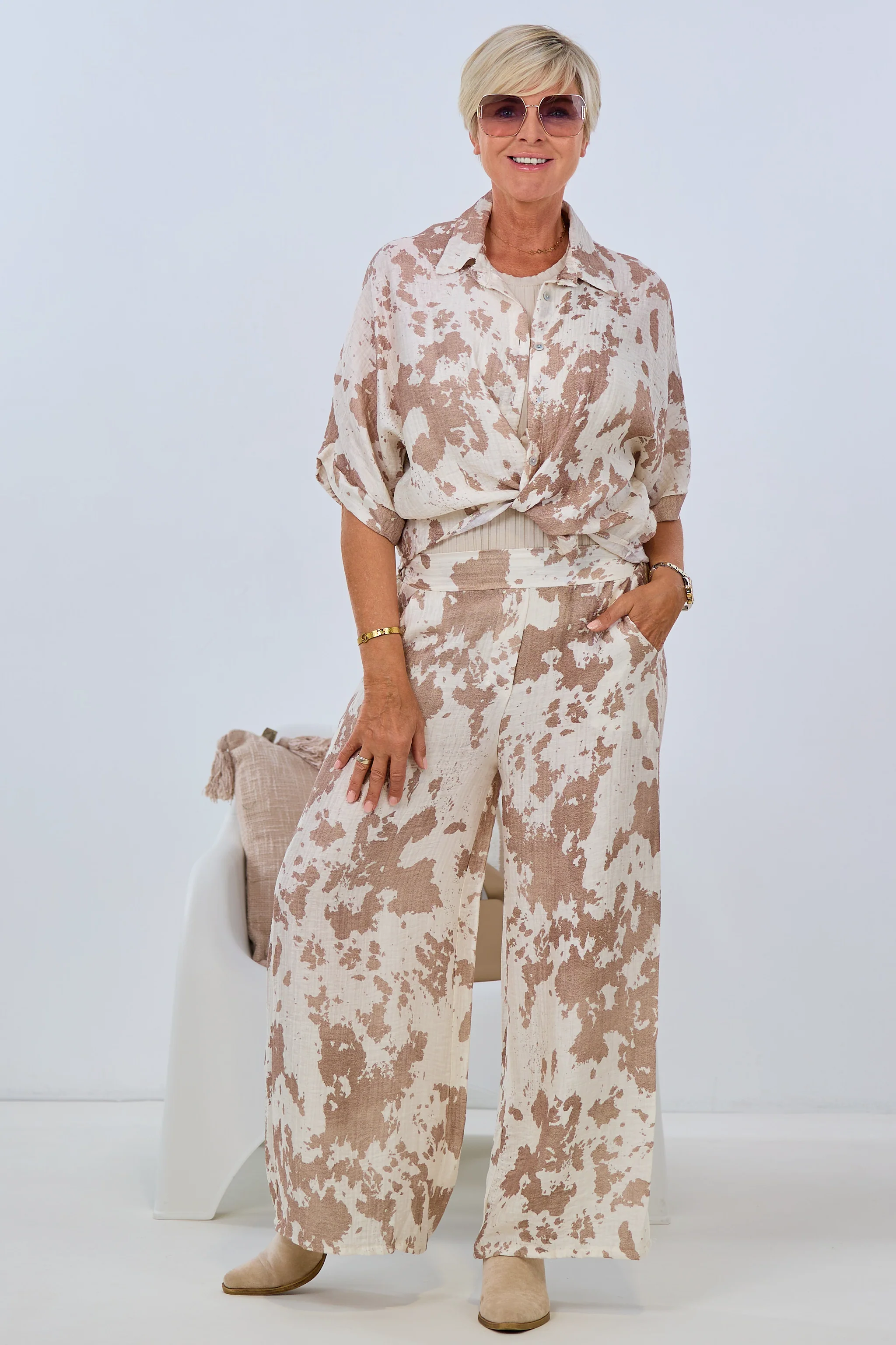 schimmernde Musselin Hose, taupe-creme